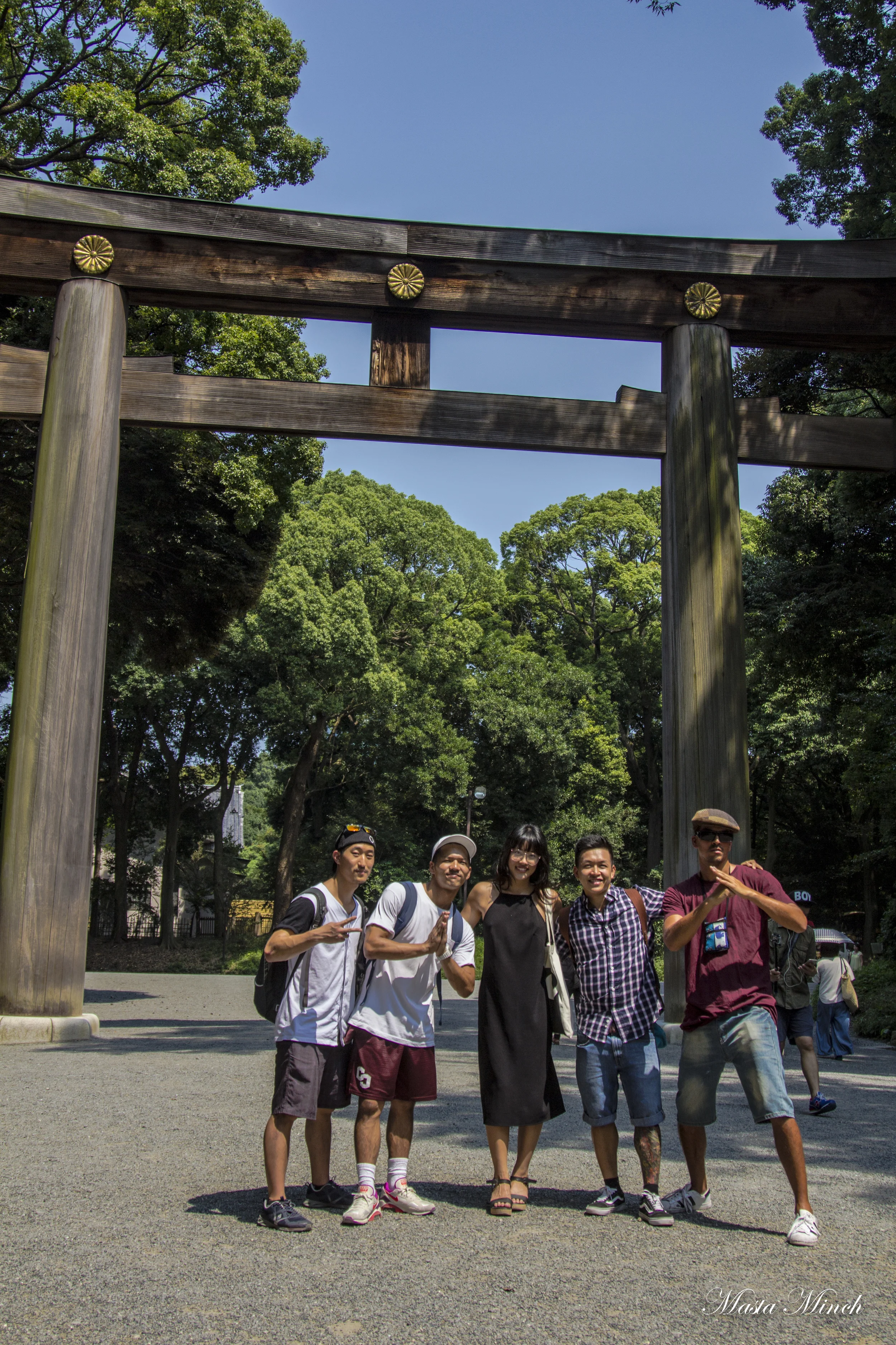 With the crew in front of a gate in Meiji Jingu