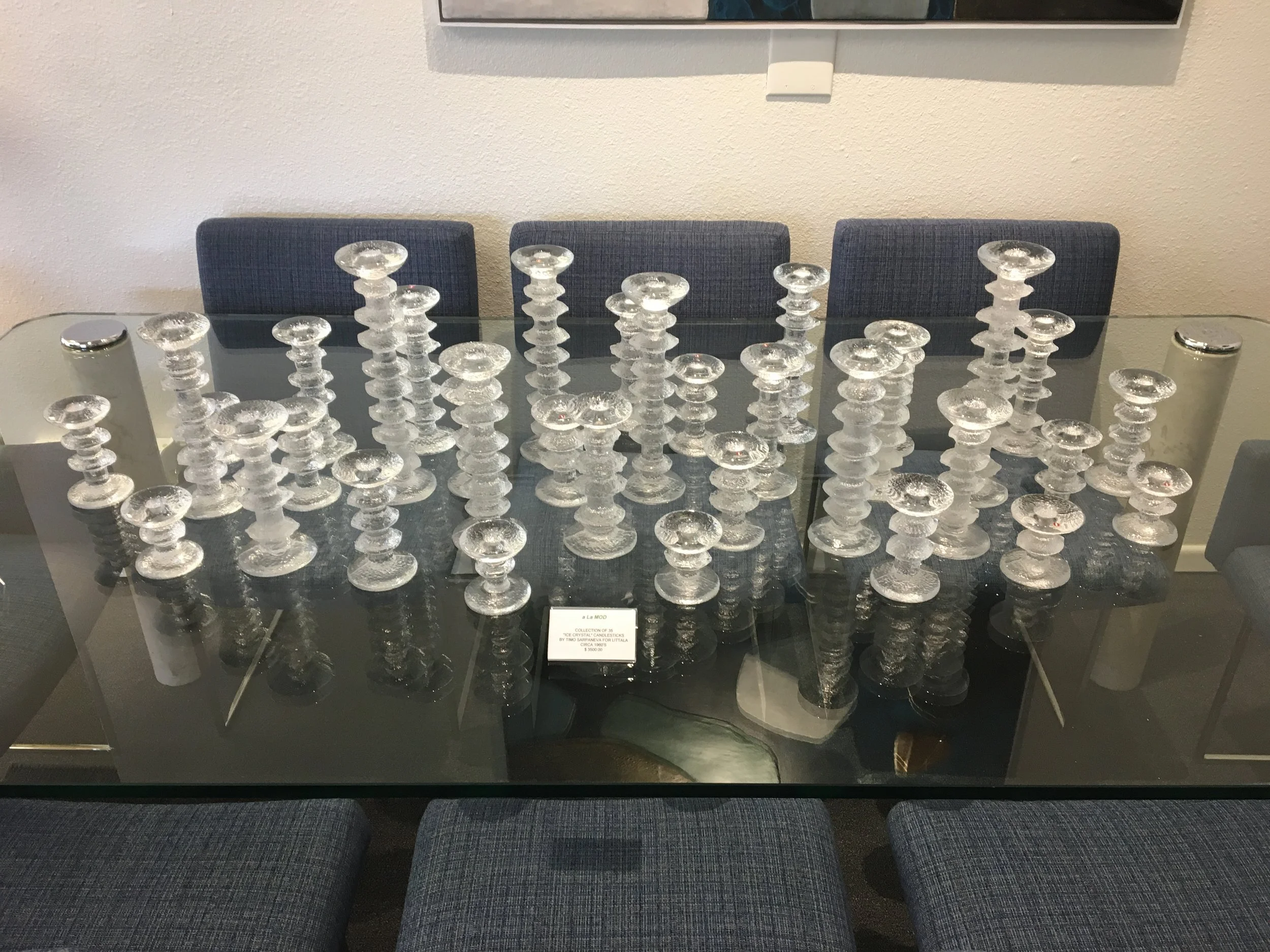 Wouldn't this collection of Circa 1960 Timo Sarpeneva "Ice Crystal" candleholders be fabulous on a dining table or console - and I mean all of them!