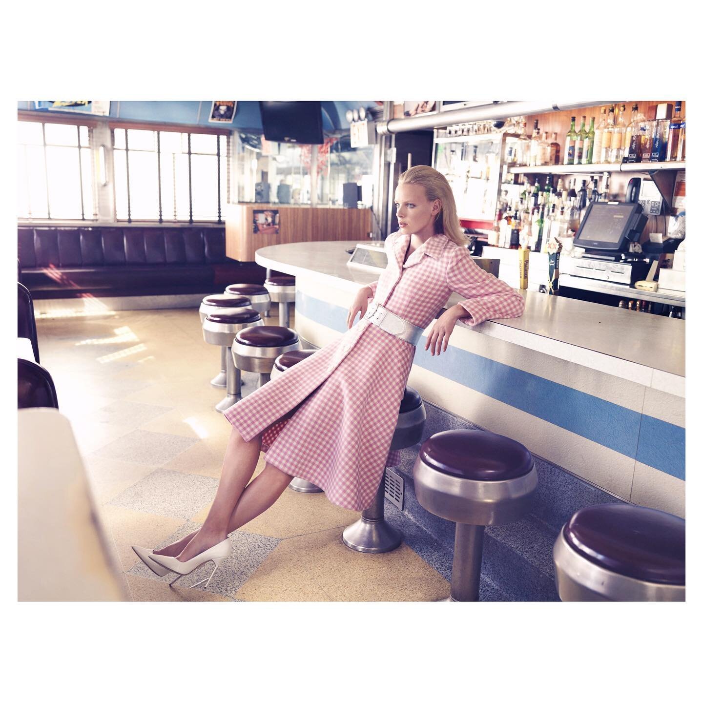 Vogue Mexico with 
Beautiful @dorithmous 
styled by @lizthody 
dress &amp; shoes by @prada 
hair and makeup by @borghelen stylist assistant @sophie_bew thanks Café de la Esquina in Brooklyn @voguemexico 2013 #vogue #prada