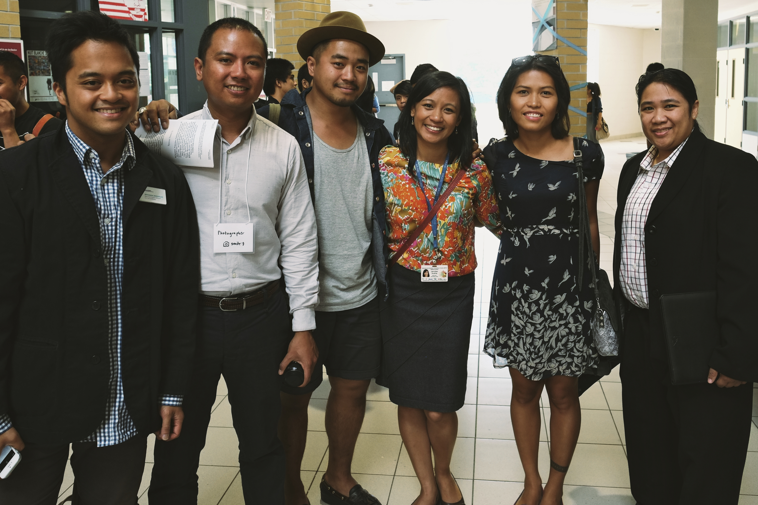 Settlement Workers Ben Bongolan (left) and Jennilee Austria (centre) with members of the Role Models Panel: graphic designer Jose Carlos Bonifacio, entrepreneur and artist Jodinand Aguillon, nurse and artist Haniely Fernandes, and lawyer Vanessa Ibe. 