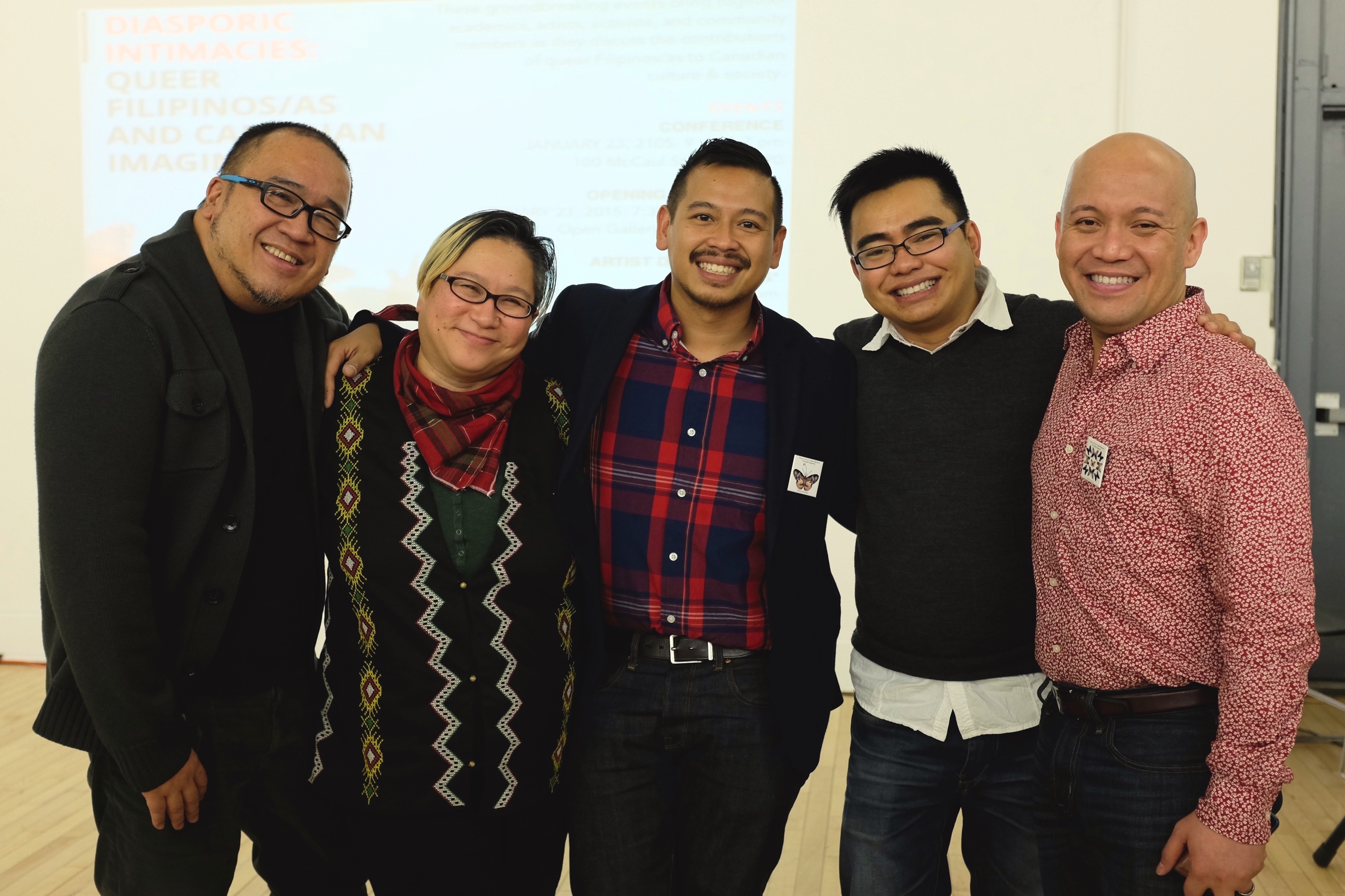 Interdisciplinary artist Jo SiMalaya Alcampo (second from left) with professors Martin Manalansan, Robert Diaz, Patrick Alcedo and Roland Coloma