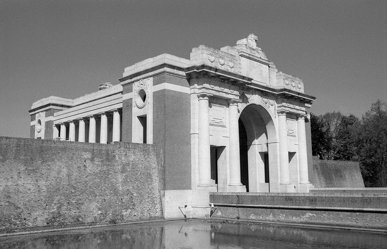 The Menin Gate Memorial to the Missing in Leper, Belgium is dedicated to the British and Commonwealth soldiers killed in the Ypres Salient during World War I and whose graves are unknown. The memorial is located at the eastern exit of the town and marks the starting point for one of the main roads out of the town that led Allied soldiers to the front line. Every evening at 8 p.m., members of the local fire department close the road which passes under the memorial and sound the "Last Post" bugle call.