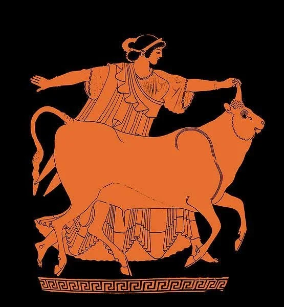 Ancient Greek-style illustration of a woman riding a lion, with intricate clothing and a decorative border.