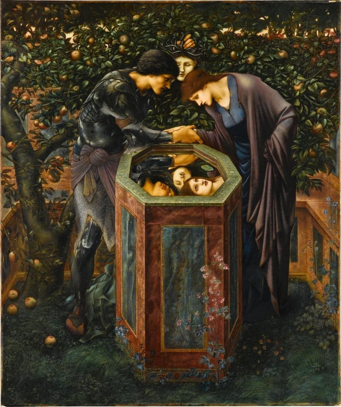 A painting of three women with their reflections in a golden octagonal mirror set in a wooden pedestal, surrounded by an orchard with apple trees.