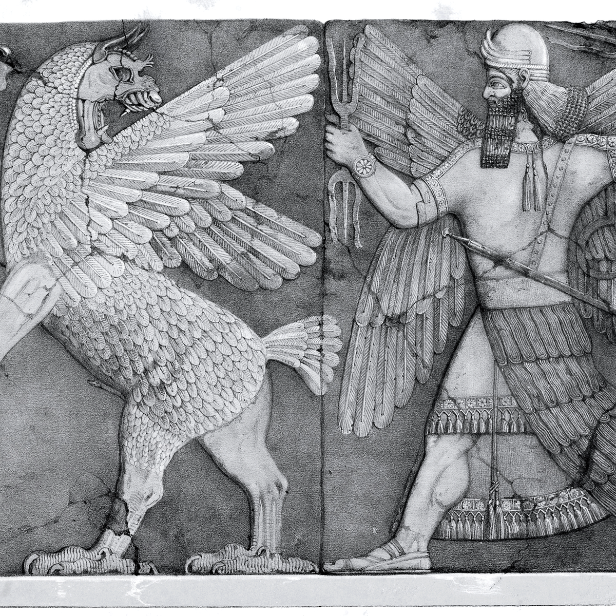 Ancient Persian relief depicting a winged man in a skirt and a horned creature with a lion's body, wings, and a dragon-like head, both holding weapons and facing each other.