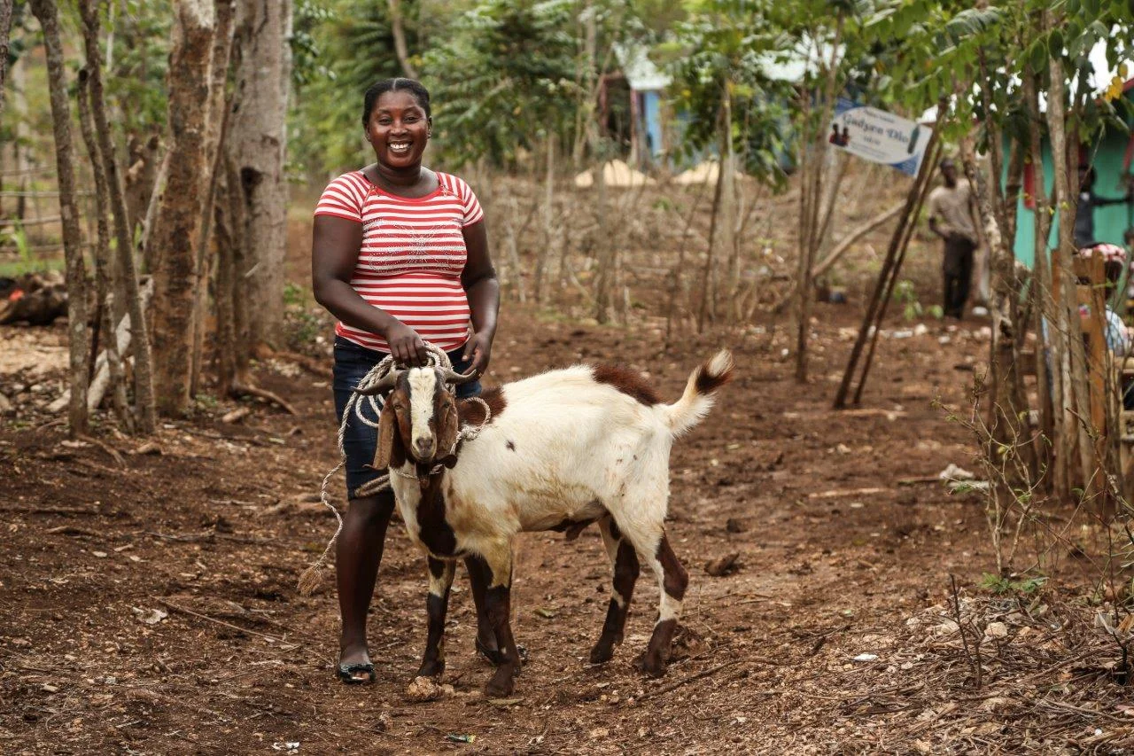 CNP/Kore Timoun monitrice Monique with Billy (the breeding buck)Photo by Nathan Troost for Global Health Action