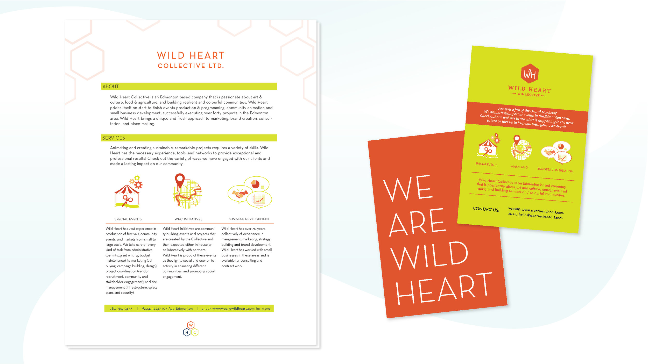 Brand collateral includes a services package which was sent to all new clients as well as a marketing postcard to be handed out to prospective clients. The company services are listed on both with further information available on the branded website