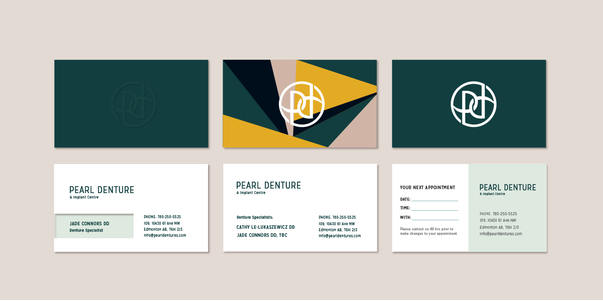 Three business cards were created for different purposes. One triple ply with embossing for each denturist to hand out in special circumstances. One that has both denturists and is playful and attention grabbing. And one that is for clients as appointment reminders. A patient form was also created.