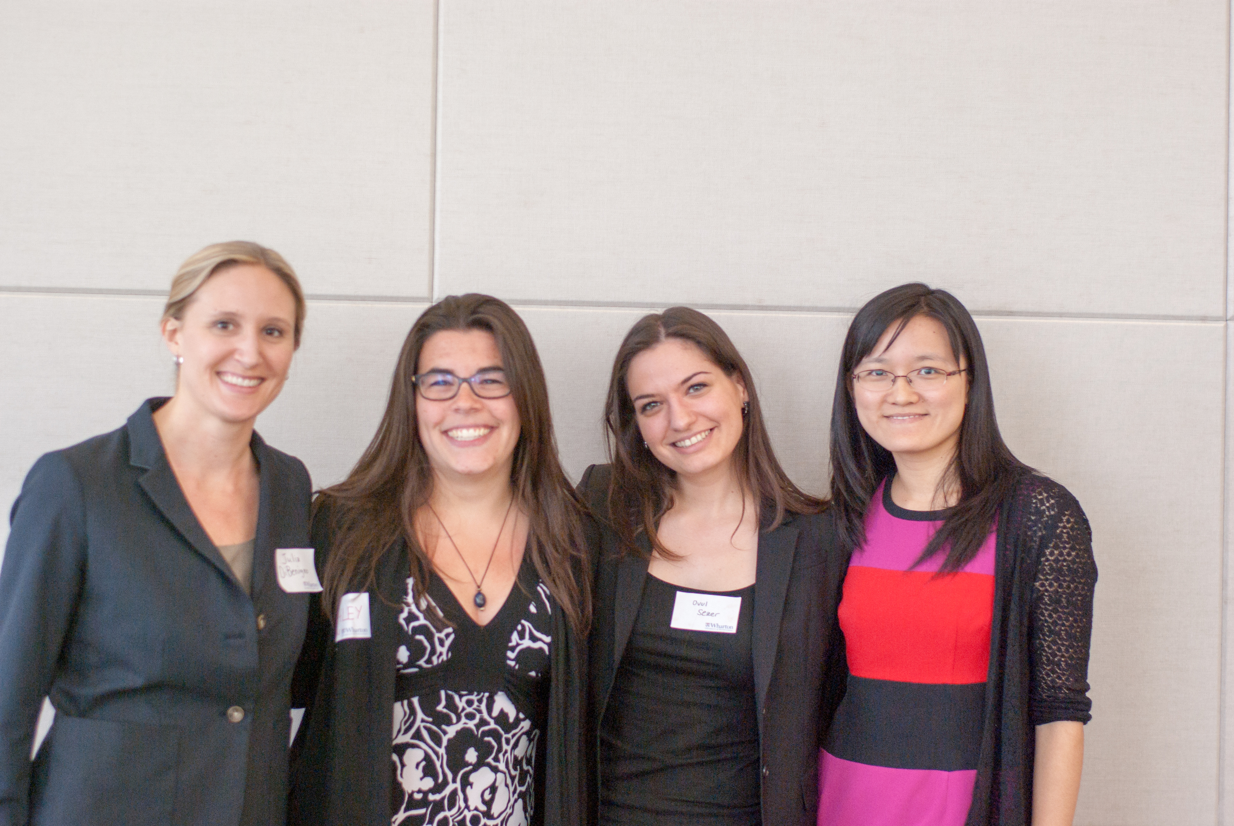 PHD STUDENT PRESENTERS (FROM lEFT TO rIGHT): jULIA dIBENIGNO, MIT ; ASHLEY MARTIN, cbs ; OVUL SEZER, HBS; AND HENGCHEN DAI, wharton (aYUNG tSENG, cbs , ABSENT FROM PHOTO) 