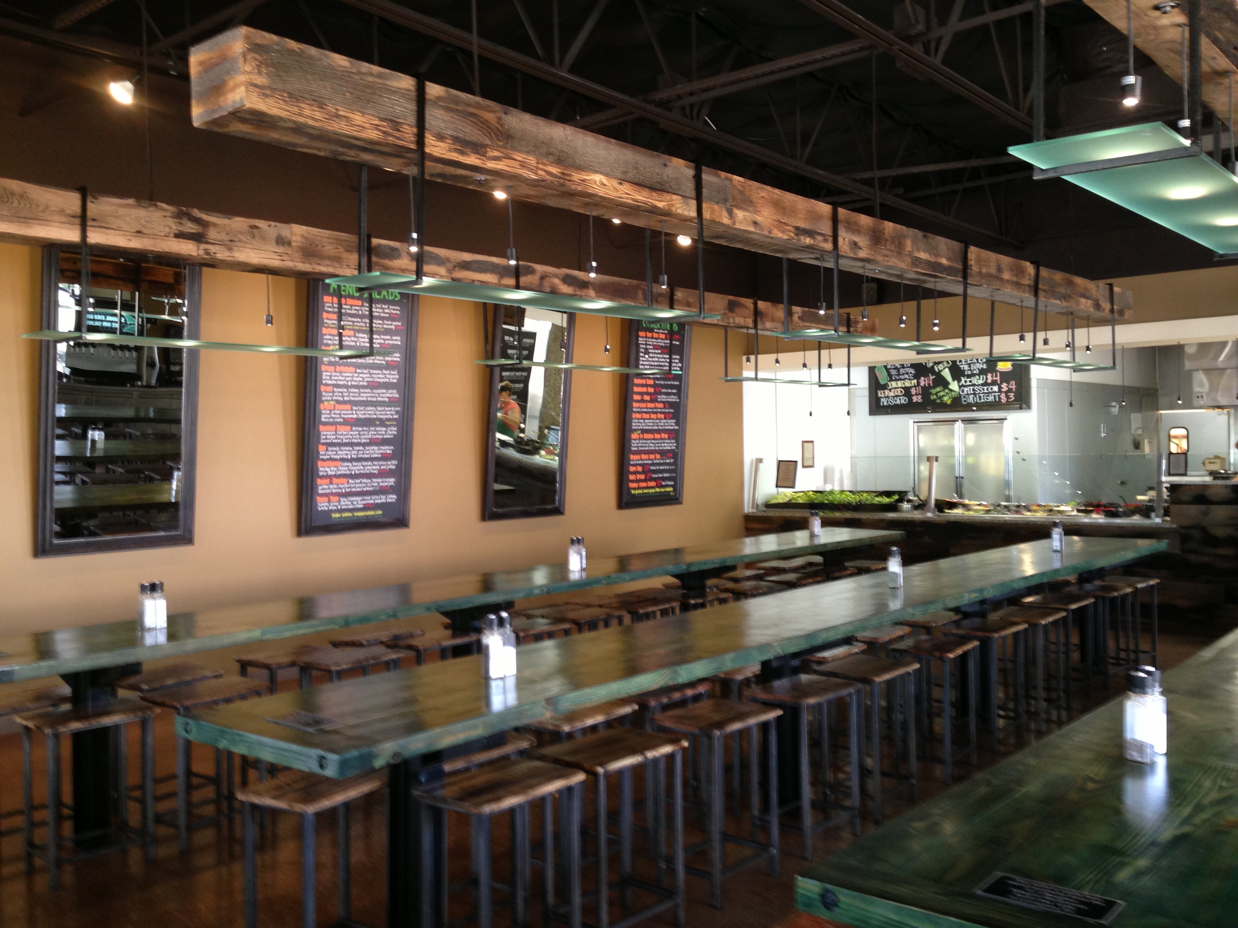   Green Snappy Tables | Wood Top Stools | Beam Light Fixtures  