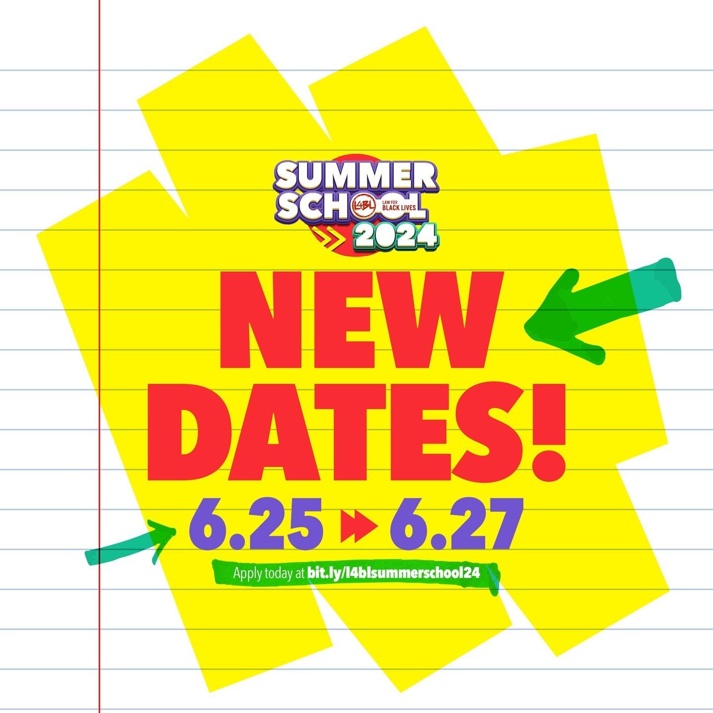 ATTENTION: L4BL SUMMER SCHOOL DATES HAVE CHANGED!⁠
6/25-6/27, CHICAGO, IL! ⁠
⁠
Are you a legal worker, law student, or lawyer interested in deepening your political analysis while learning how to use your legal toolkit to support organizers during an