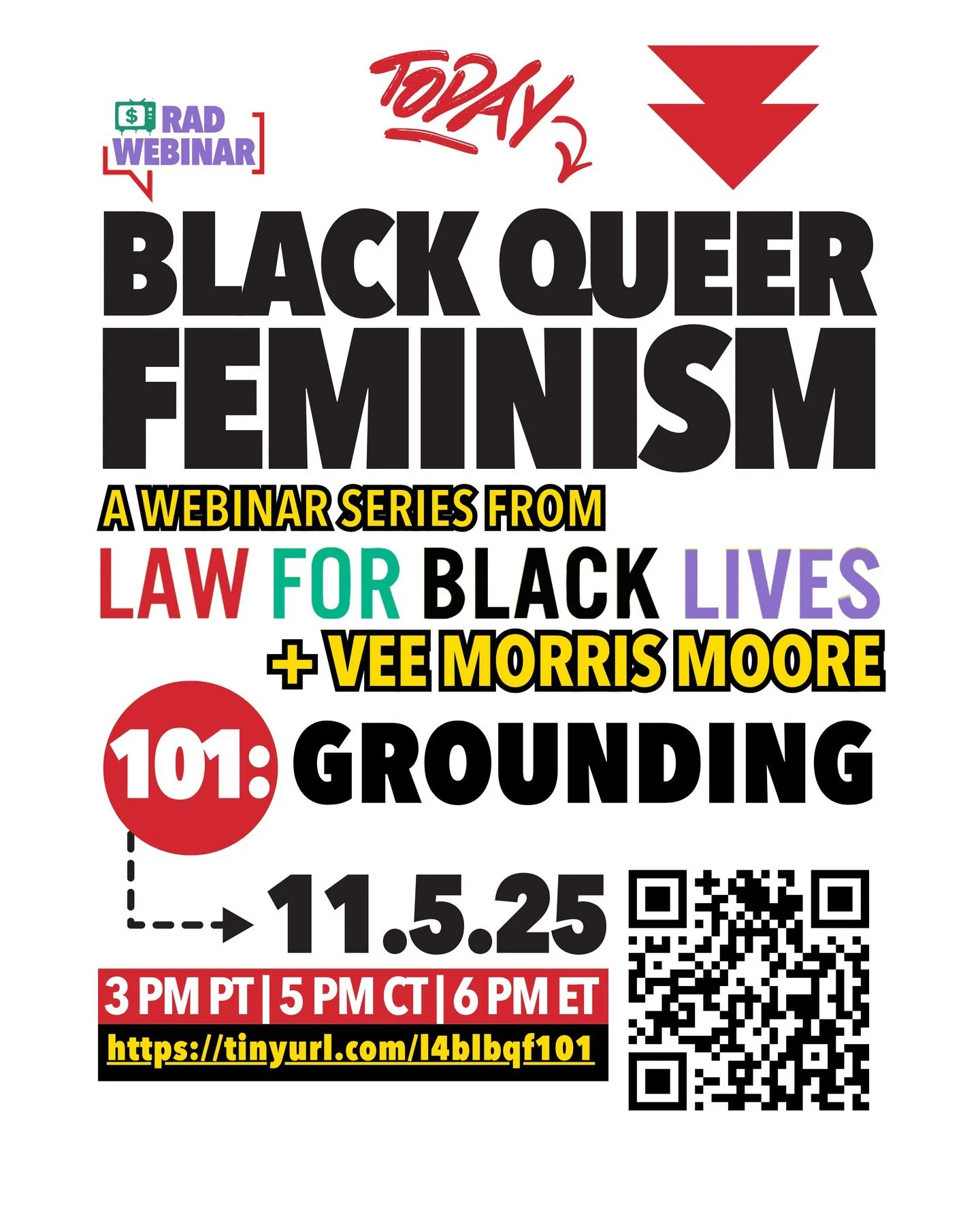 TODAY! ⁠
BLACK QUEER FEMINISM 101: GROUNDING⁠
3 PM PT | 5 PM CT | 6 PM ET⁠
⁠
&quot;If Black women and queer folx are free, then we would all be free.&rdquo; This workshop introduces participants to Black Queer Feminism (BQF) as both a political theor
