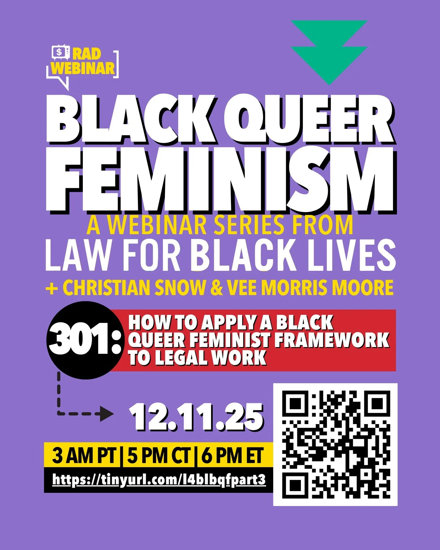 ⁠
TOMMORROW! ⁠
⁠
Black Queer Feminism 301: Skills Share (Members Only)⁠
Thursday, December 11 at 3 PM PT/ 5 PM CT/ 6 PM ET⁠
⁠
Ready to bring Black Queer Feminist principles into your movement lawyering practice? Join us for Black Queer Feminism 301: 