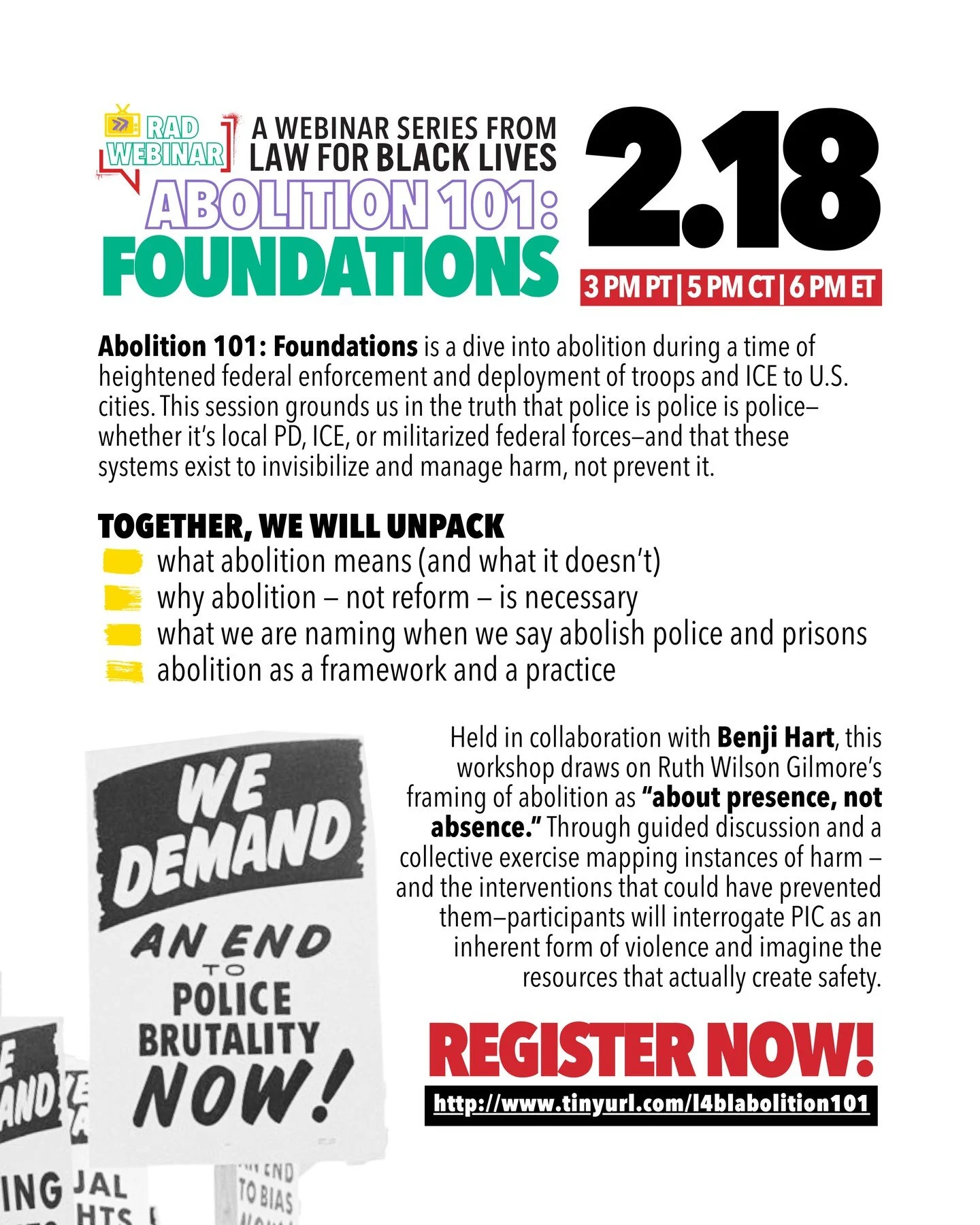 Abolition 101: Foundations is a dive into abolition during a time of heightened federal enforcement and deployment of troops and ICE to U.S. cities. This coordinated violence is meant to scare us into submission, terrorize, surveil, and control our c