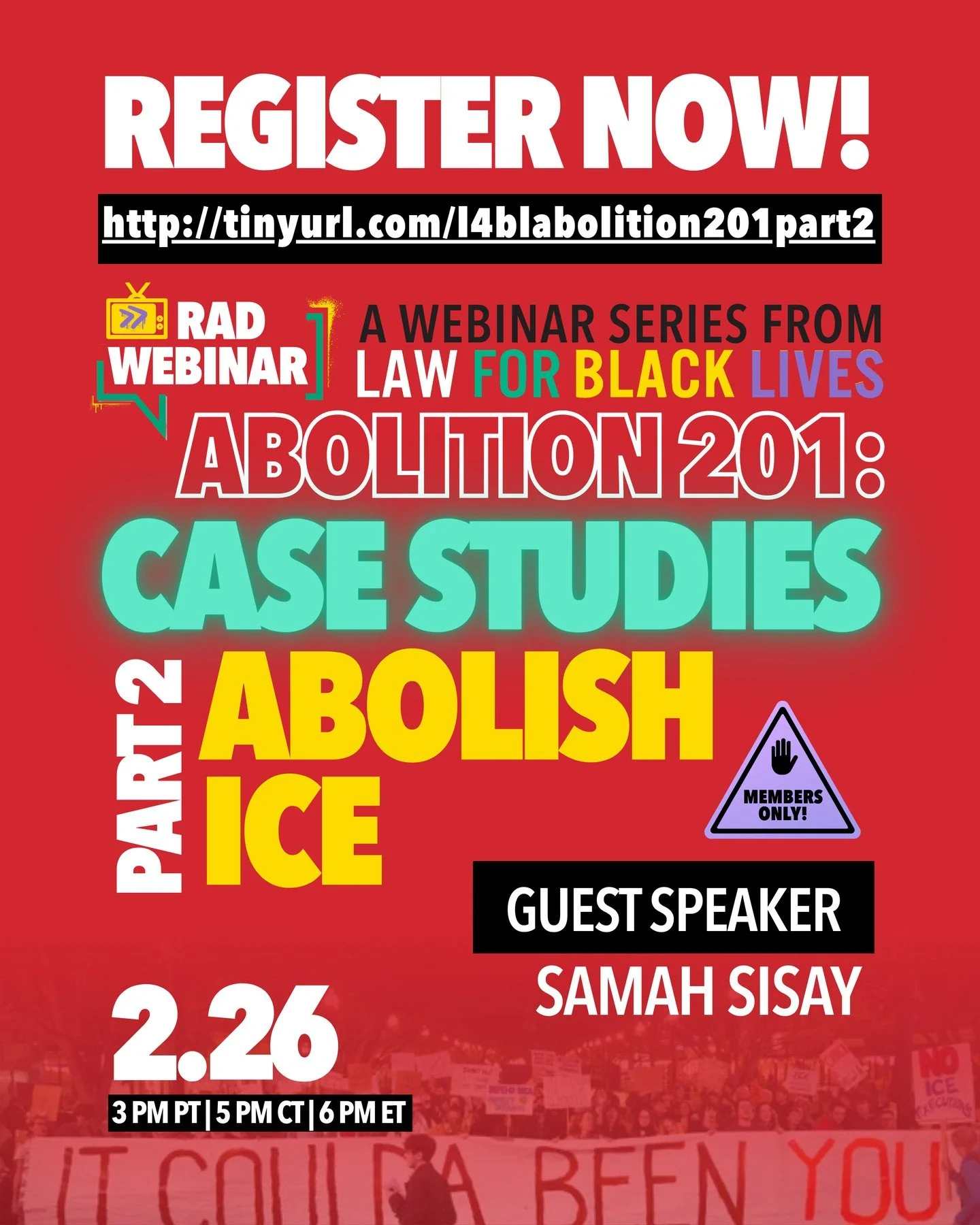 Abolition 201: Case Studies -- Part 2⁠
Abolish ICE: Abolitionist Strategy⁠
February 26 at 6:00 PM EST⁠
Guest Presenters: Samah Sisay &amp;  Uchechukwu Onwa⁠
⁠
Part 2 of Abolition 201 turns to the fight to abolish ICE, grounding us in the abolitionist