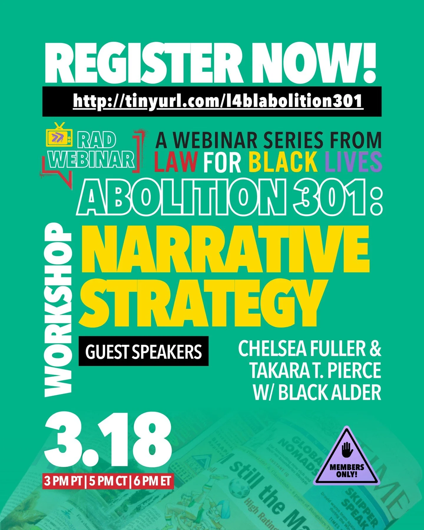 Abolition 301 focuses on narrative power and why movement lawyers and legal workers need to understand narrative as a core part of overall strategy. We will be in conversation about the narrative challenges that arise when messaging around police and