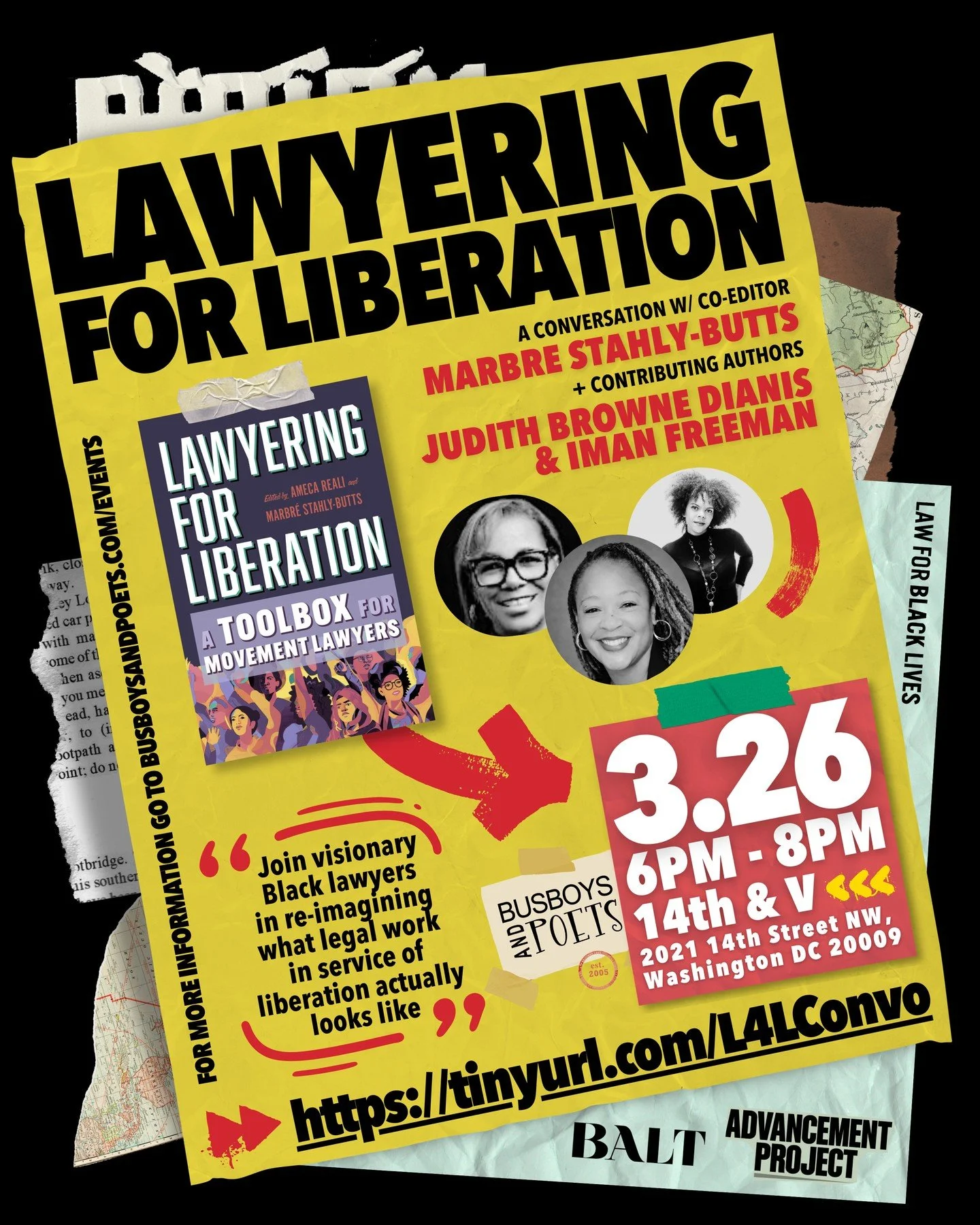 Lawyering for Liberation Book Talk!⁠
Busboys and Poets 14th &amp; VWashington, DC⁠
Thursday, Mar 26 at 6 pm⁠
⁠
Join visionary Black lawyers in reimagining &ldquo;what legal work in service of liberation actually looks like&rdquo;⁠
⁠
This fiery manife
