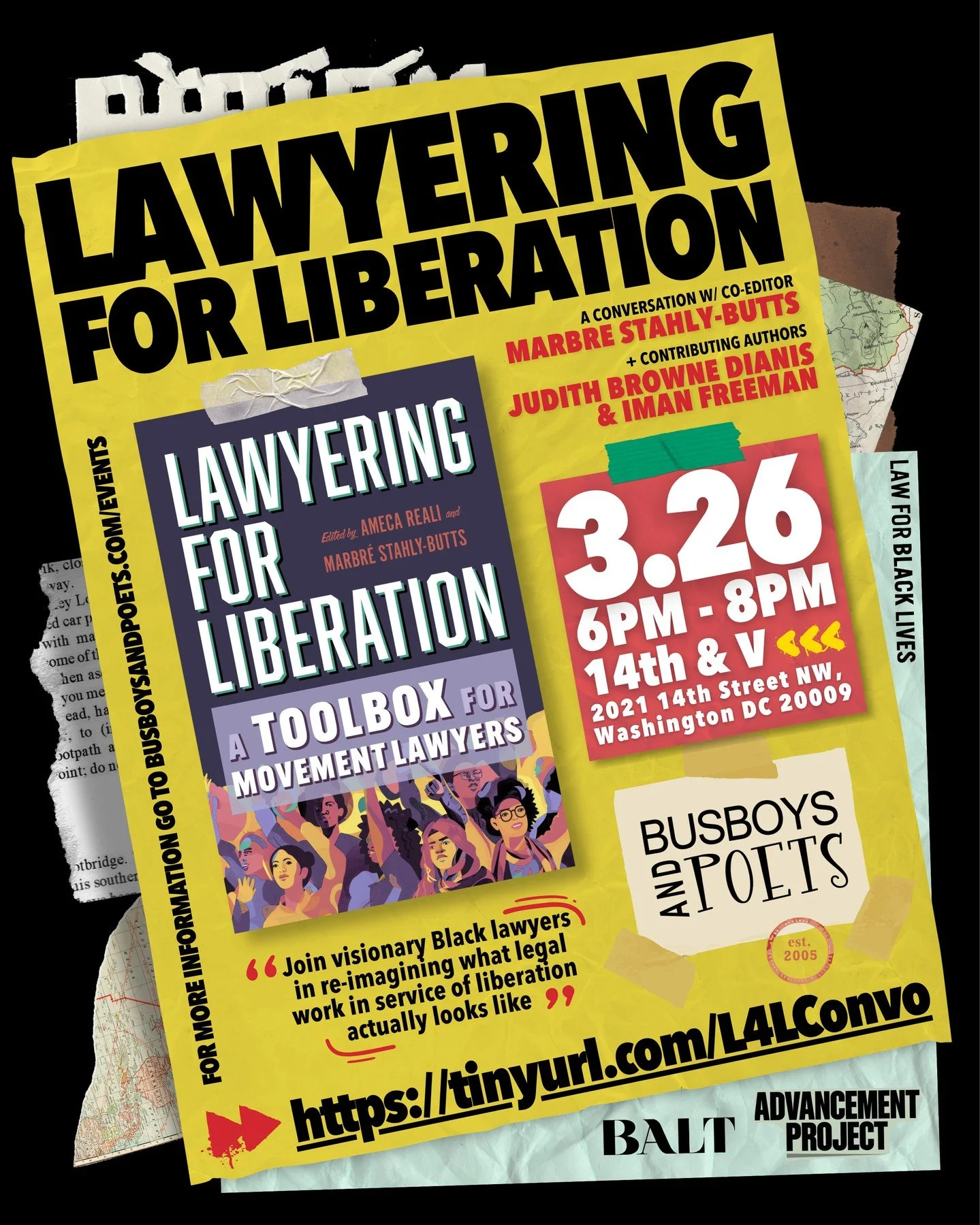 Lawyering for Liberation Book Talk!⁠
Busboys and Poets 14th &amp; VWashington, DC⁠
Thursday, Mar 26 at 6 pm⁠
⁠
Join visionary Black lawyers in reimagining &ldquo;what legal work in service of liberation actually looks like&rdquo;⁠
⁠
This fiery manife