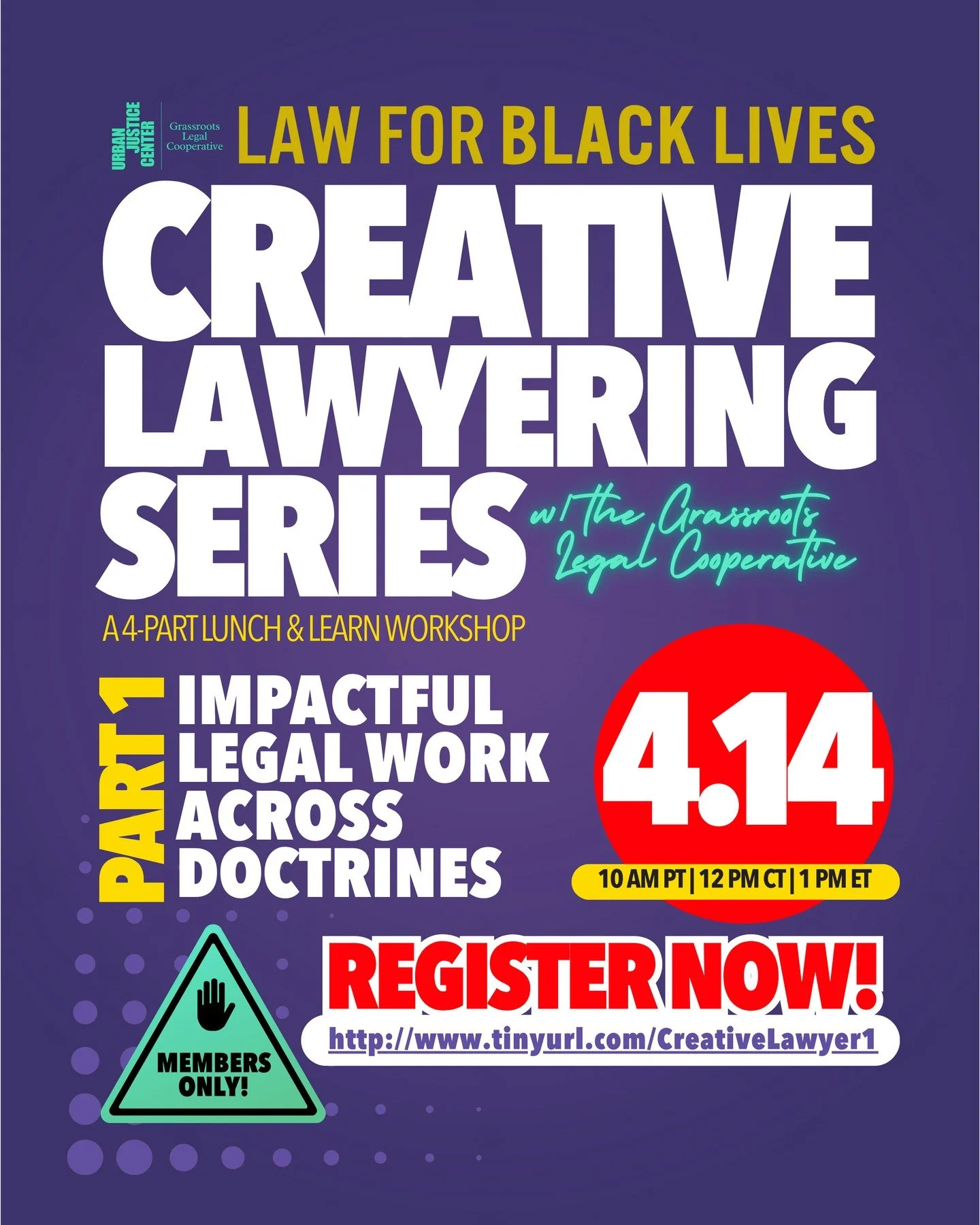 Join Us for Workshop #1 of a 4-Part Series with Grassroots Legal Cooperative on April 14!⁠
⁠
The Creative Lawyering series will offer four-part, skills-focused workshops exploring bold and innovative legal strategies that movement lawyers are using t