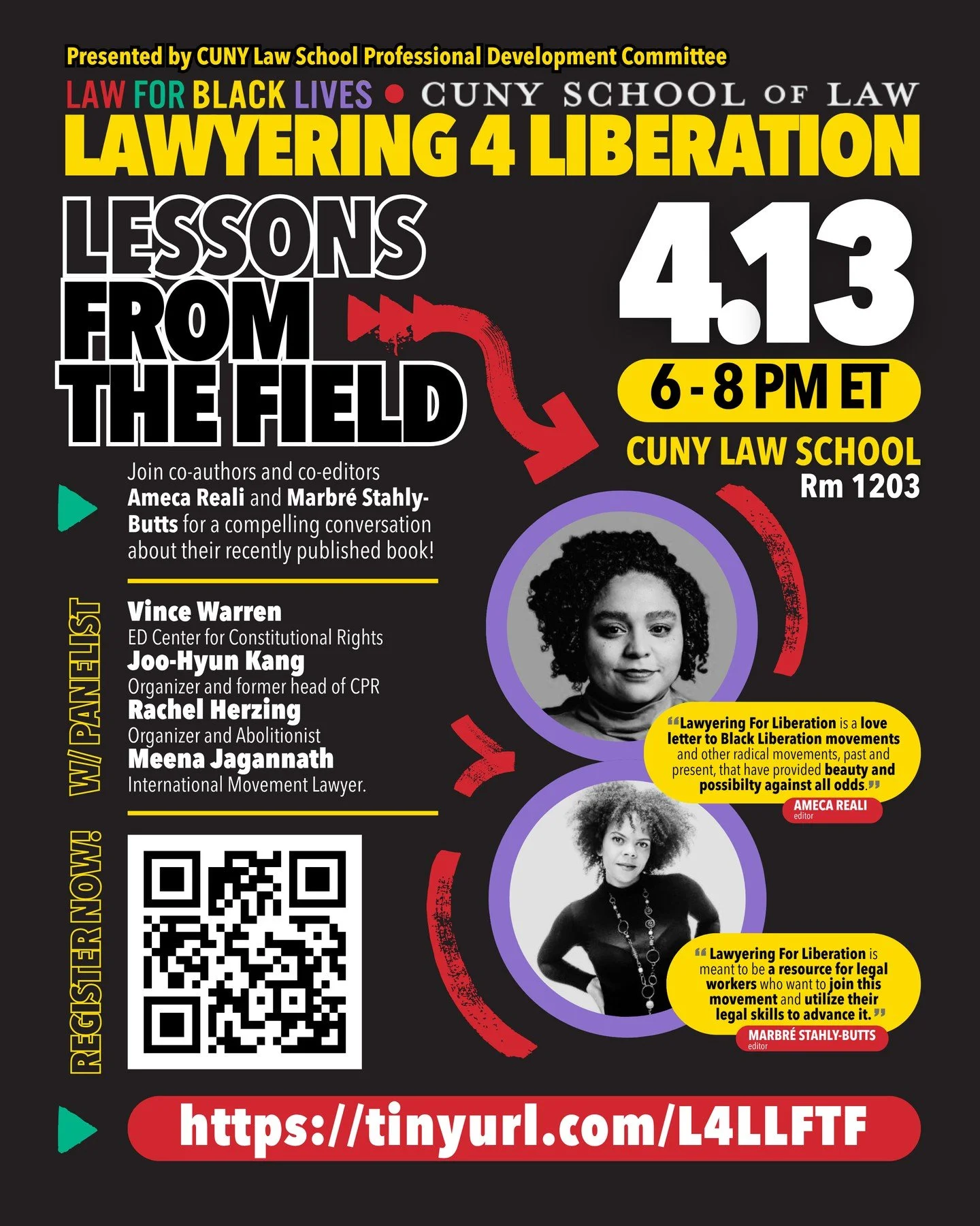 4/13⁠
CUNY Law School⁠
Rm 1/203 ⁠
⁠
Join co-authors and co-editors Ameca Reali and Marbr&eacute; Stahly-Butts for a compelling conversation about their recently published book, "Lawyering for Liberation: A Toolbox for Movement Lawyers." The