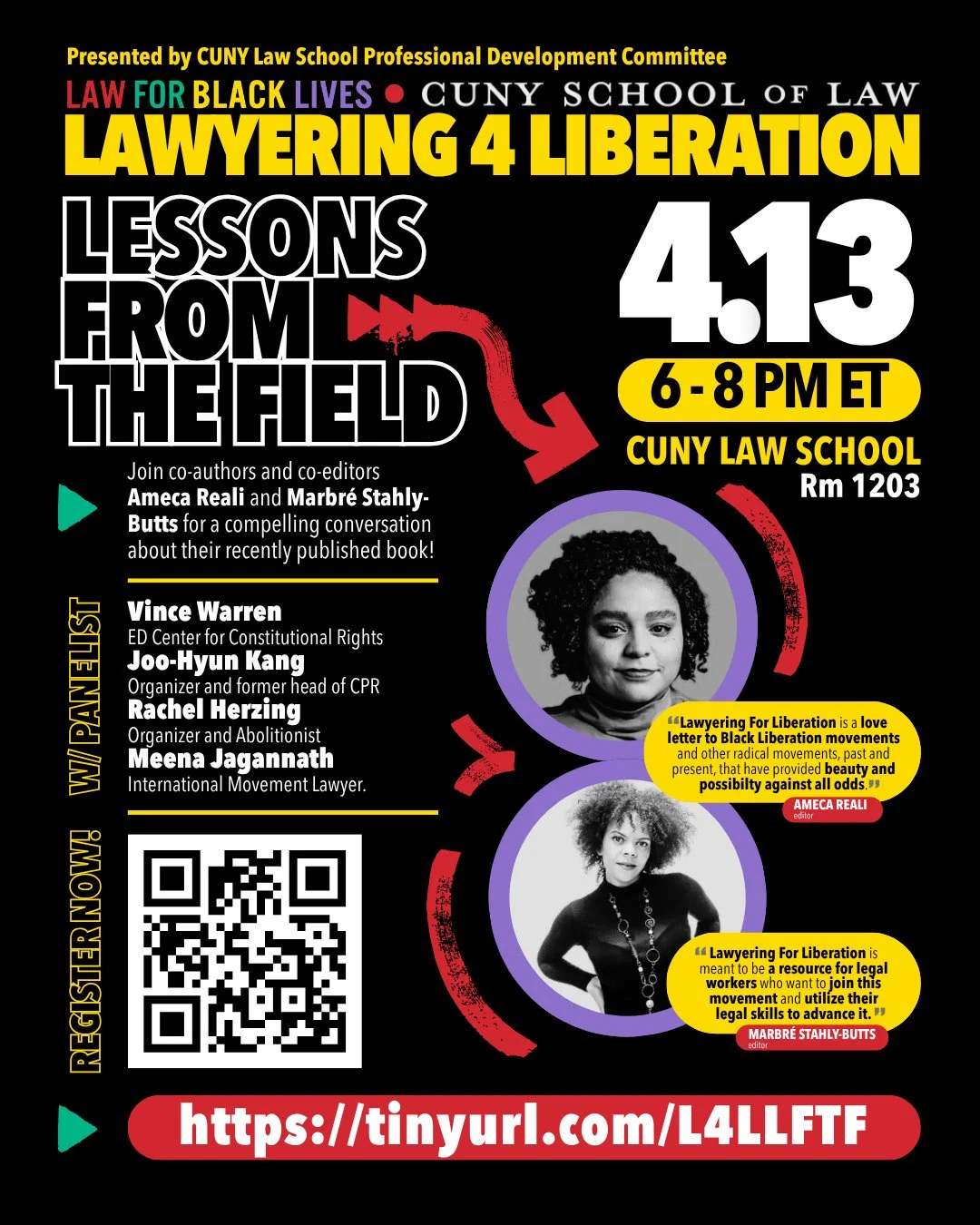 Lawyering for Liberation: Lessons from the Field⁠
4/13⁠ - CUNY Law School⁠ - Rm 1/203 ⁠
⁠
Join co-authors and co-editors Ameca Reali and Marbr&eacute; Stahly-Butts for a compelling conversation about their recently published book, "Lawyering for