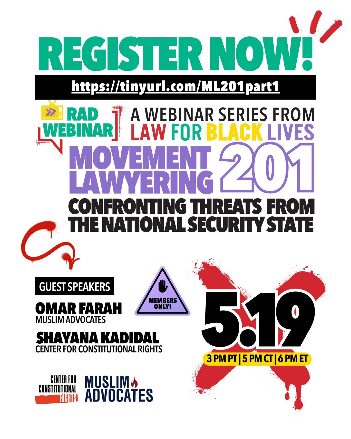 Join Law For Black Lives in partnership with Muslim Advocates and the Center for Constitutional Rights for Movement Lawyering 201. ML 201 is a strategy workshop focused on navigating the sweep of threats facing our movements from the national securit