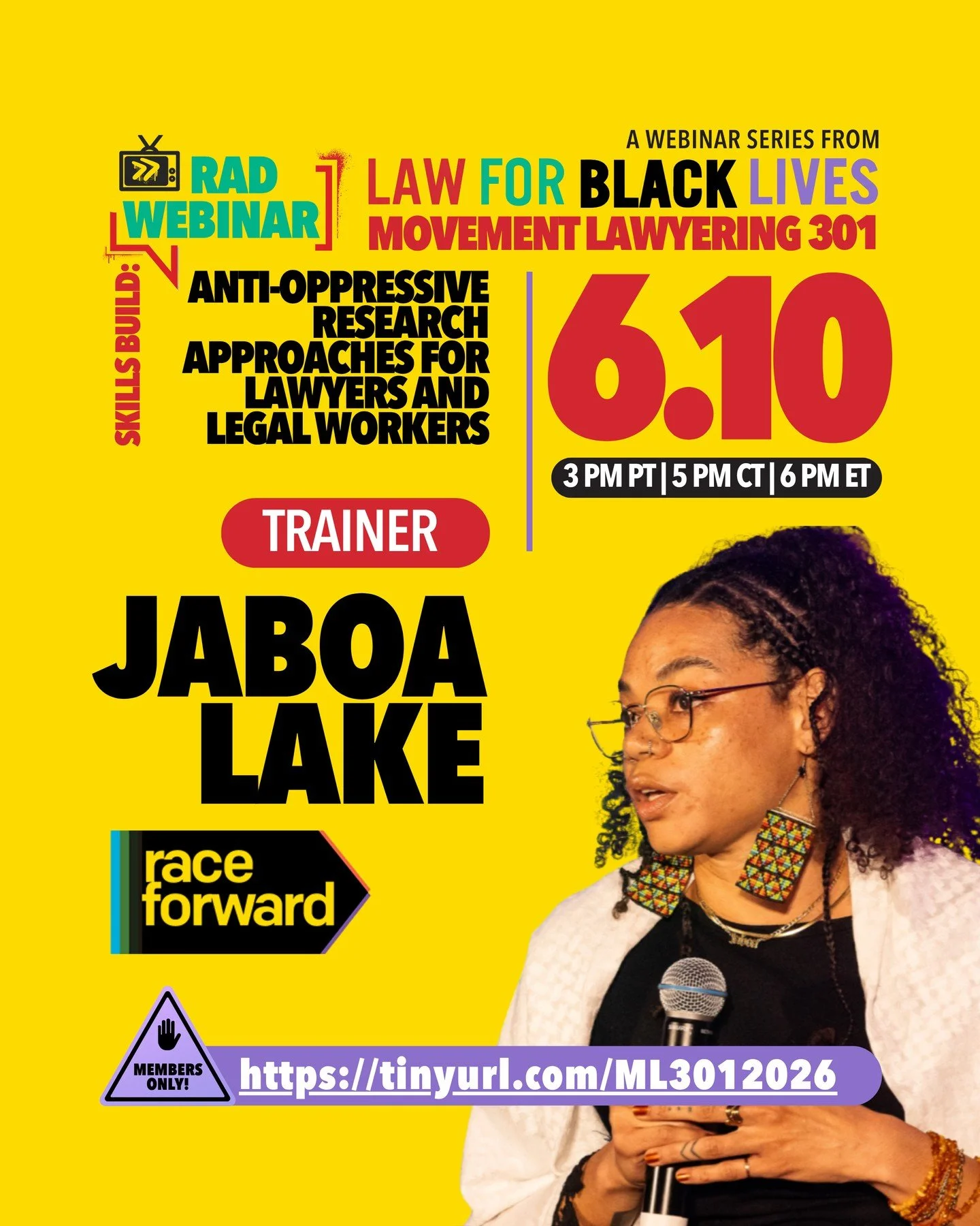 Jun 10, 2026 ⁠
5:00 PM CT/ 6:00PM ET⁠
⁠
Join us for a skills-building workshop on how movement lawyers and legal workers can use anti-oppressive, resistance, and liberatory research approaches as part of their strategies and to strengthen their work.