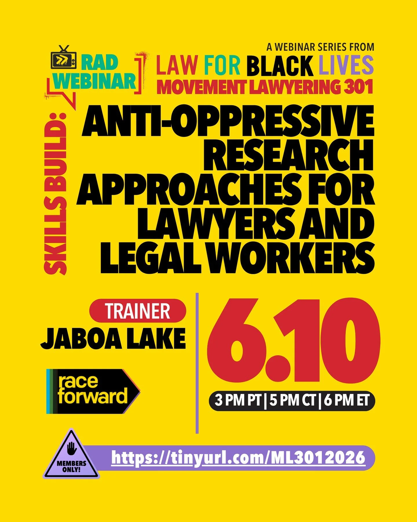 TOMMORROW! ⁠
Jun 10, 2026 ⁠
5:00 PM CT/ 6:00PM ET⁠
⁠
Join us for a skills-building workshop on how movement lawyers and legal workers can use anti-oppressive, resistance, and liberatory research approaches as part of their strategies and to strengthe