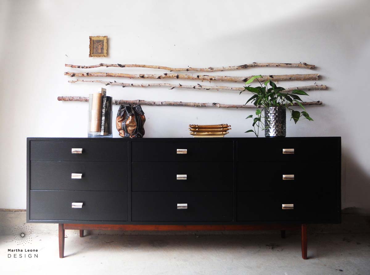 A mid century dresser in Benjamin Moore Black. How to style furniture.
