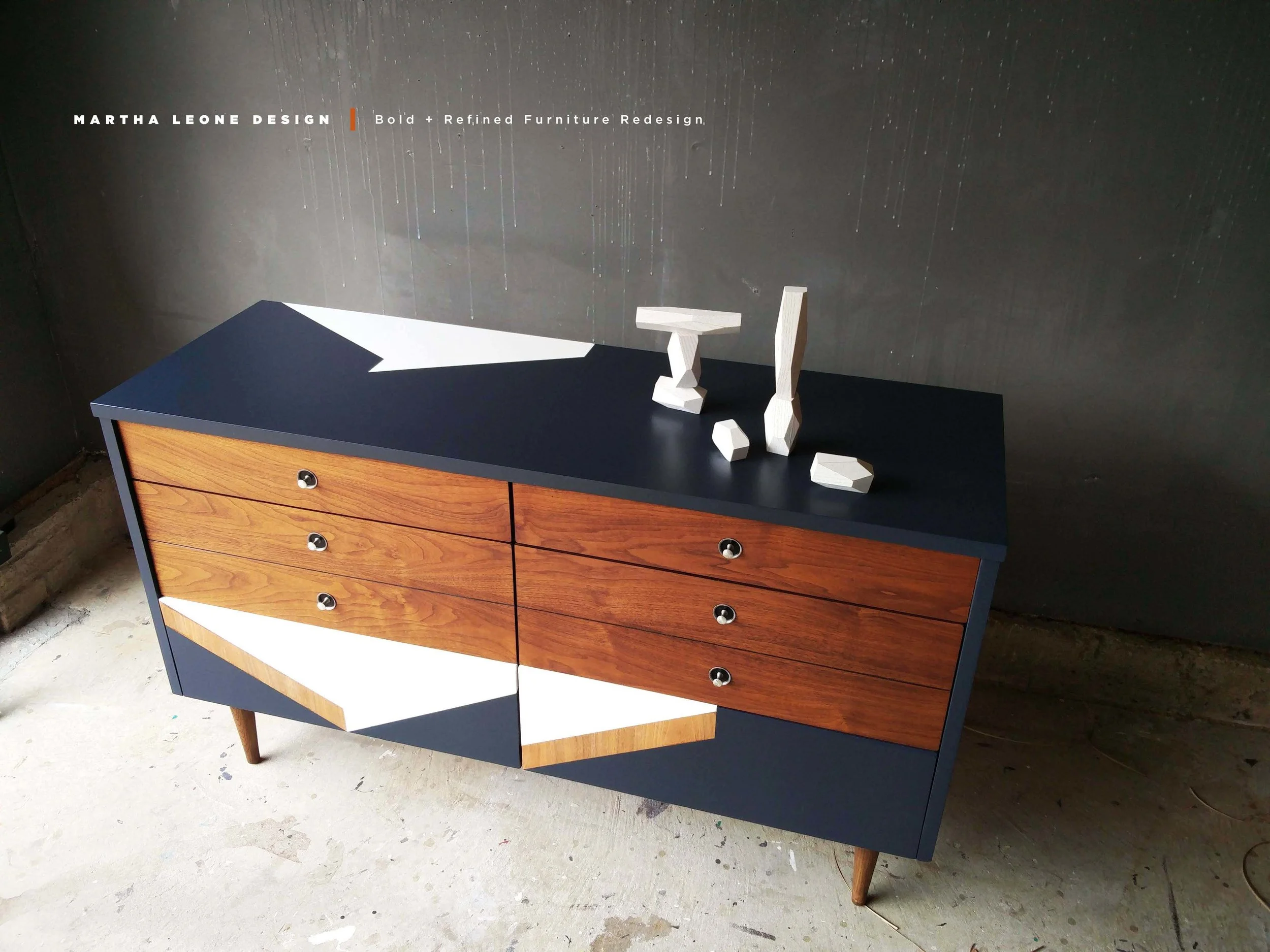 custom surface design on mid century dresser