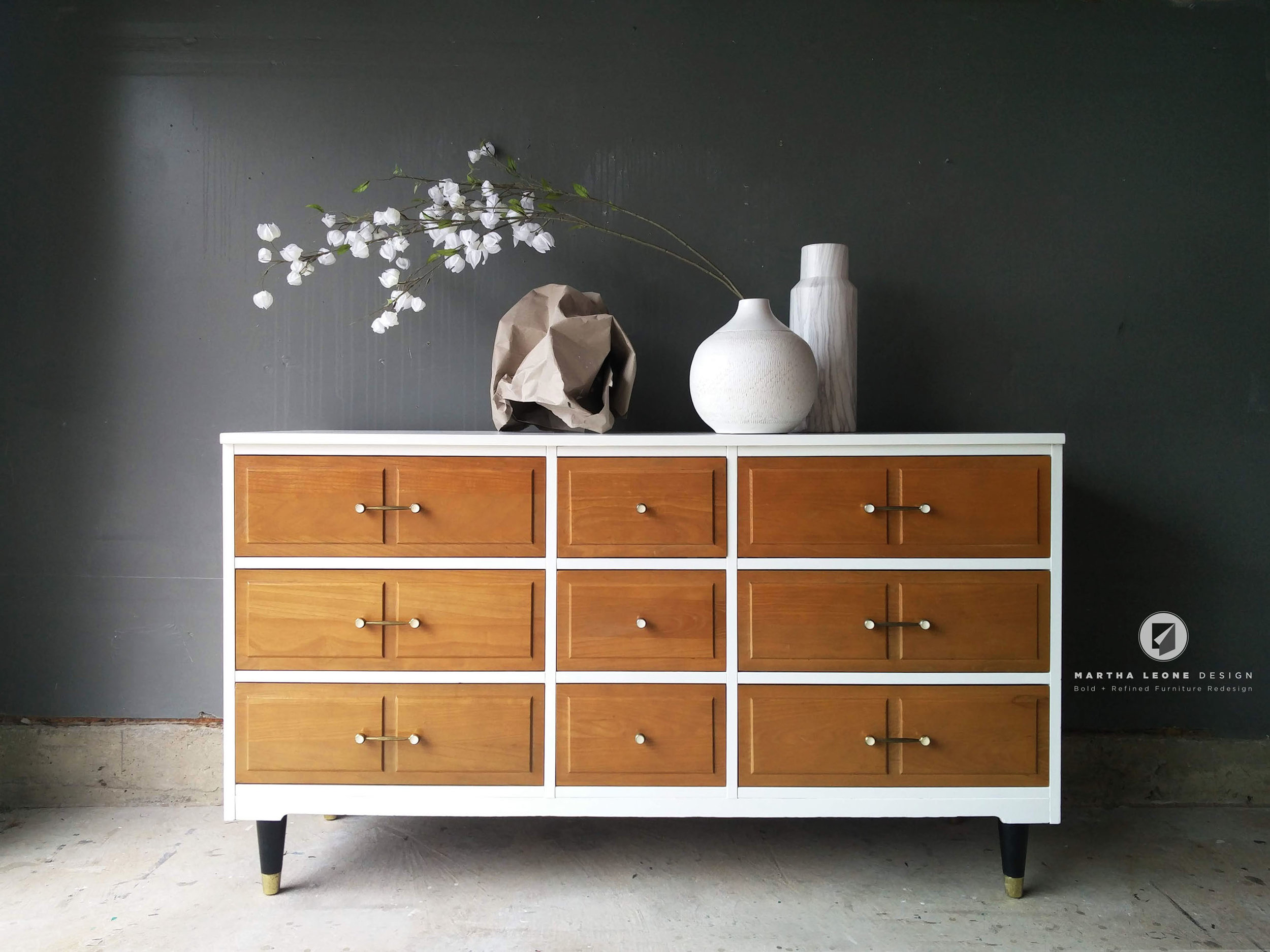 #554 BM White Dove Existing drawers with danish oil (wasn’t refinshed) Existing hardware Ebony legs
