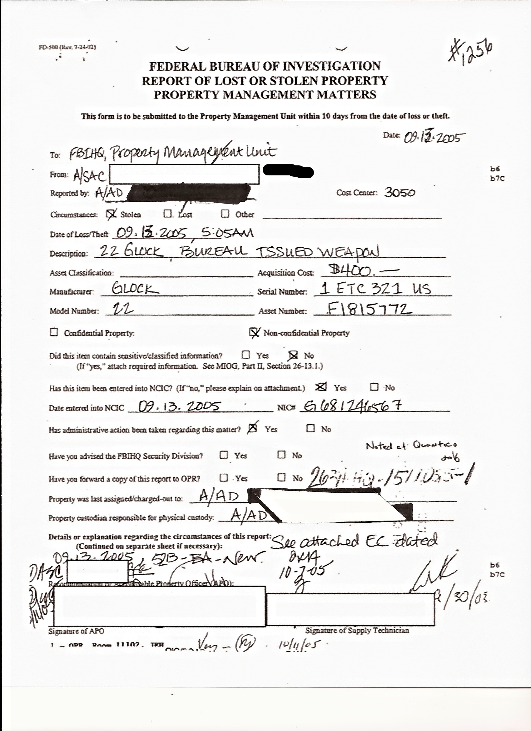 SAC's FD-500, reporting his Loss of Government Property, dated 09/13.