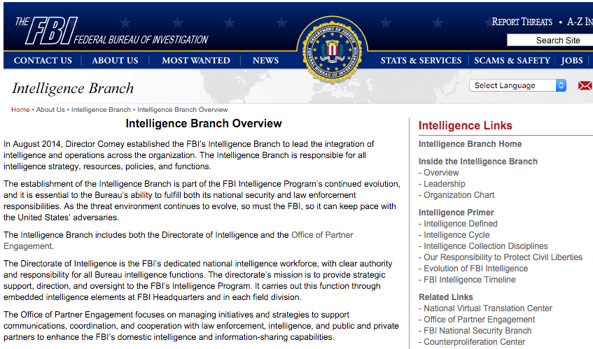 FBI's Intelligence Branch website, December 2015. Not a word can be found about FIGs or SETs in use, after tens of millions of dollars were wasted on those programs. 