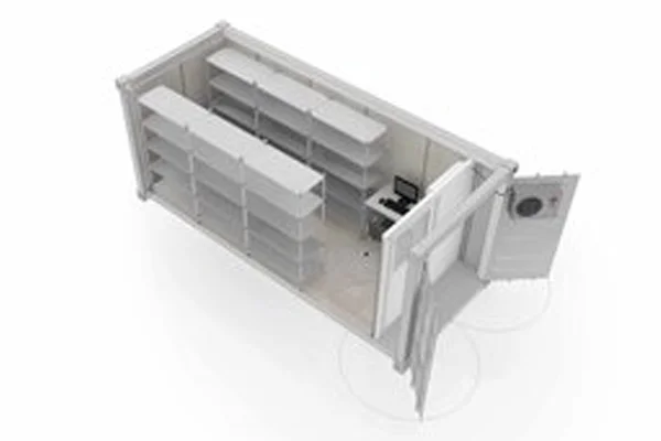 Clinic In A Can 20 ft pharmacy storage container which is either solar or non-solar powered