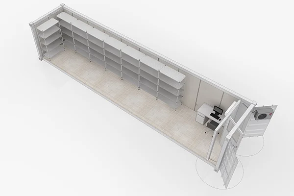 Clinic In A Can 40 ft pharmacy storage container which is either solar or non-solar powered
