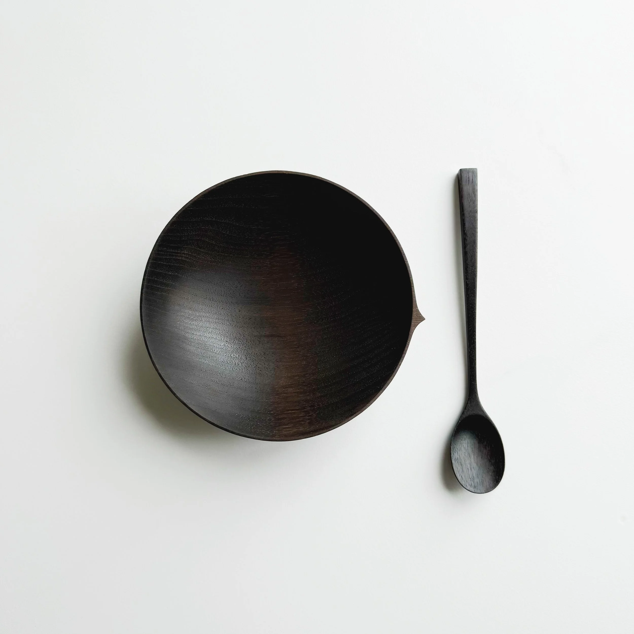 Palm bowl and spoon set in ebonised walnut