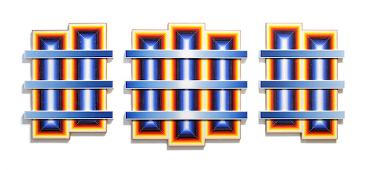 Revok, _02.Cx3_ , synthetic polymer and oil enamel on wood assemblage, 55” x 145”, 2015