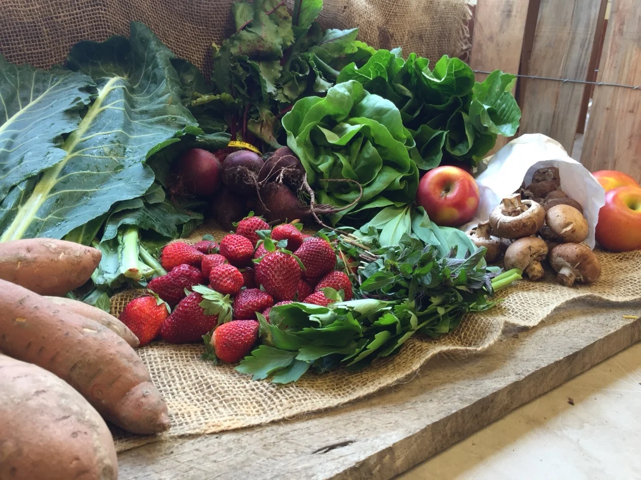 Cameo apple, hydroponic lettuce, ramps, strawberries, collard green, mixed herbs, romaine, beets, cremini mushroom, sweet potato
