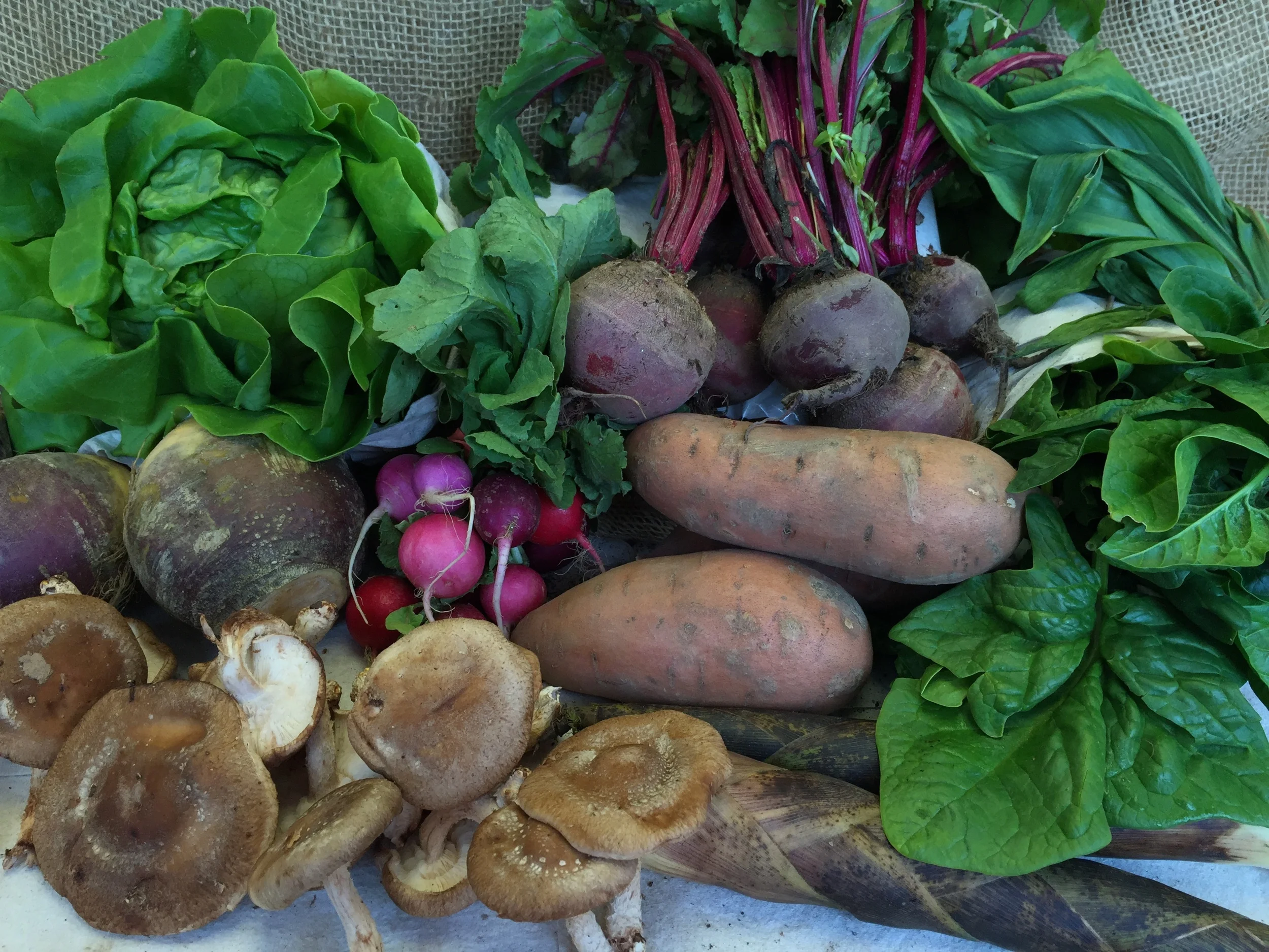Hydroponic Lettuce, Strawberries, Rutabaga, Bamboo Chutes, Ramps, Beets, Cremini Mushrooms, Sweet Potatoes, Spinach.