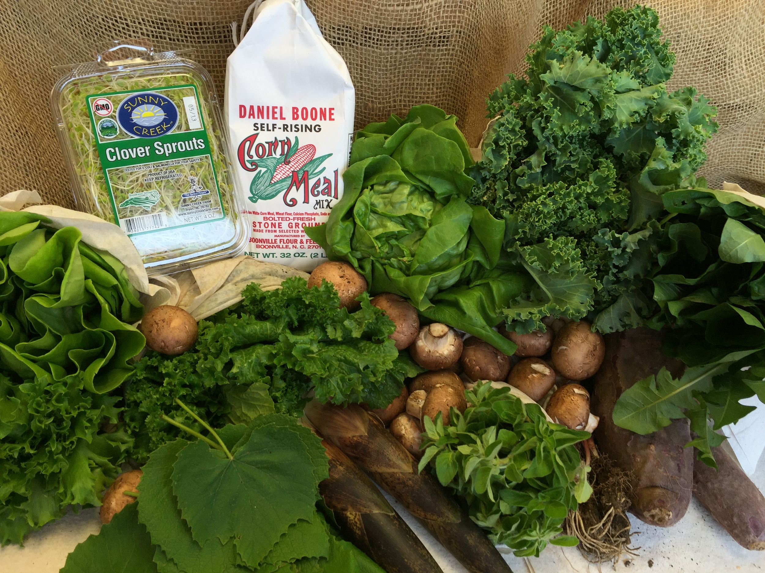 Hydroponic Lettuce, Ramps, Mixed Herbs, Cherry Radish, Spring Mix, Bamboo Shoots, Shitake Mushrooms, Grape Leaves, Arugula, Siberian Curly Kale, Purple Sweet Potatoes.