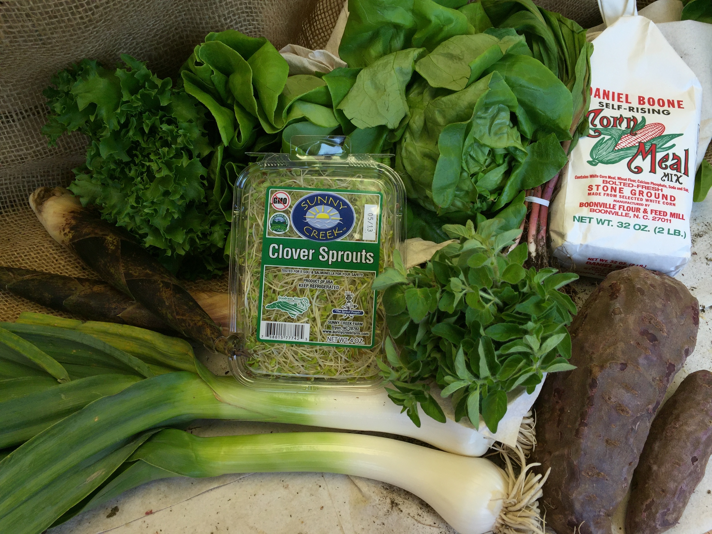 Hydroponic Lettuce, Clover Sprouts, Ramps, MIxed Herbs, Green Garlic, Spring Mix, Bamboo Shoots, Arugula, Purple Sweet Potatoes.