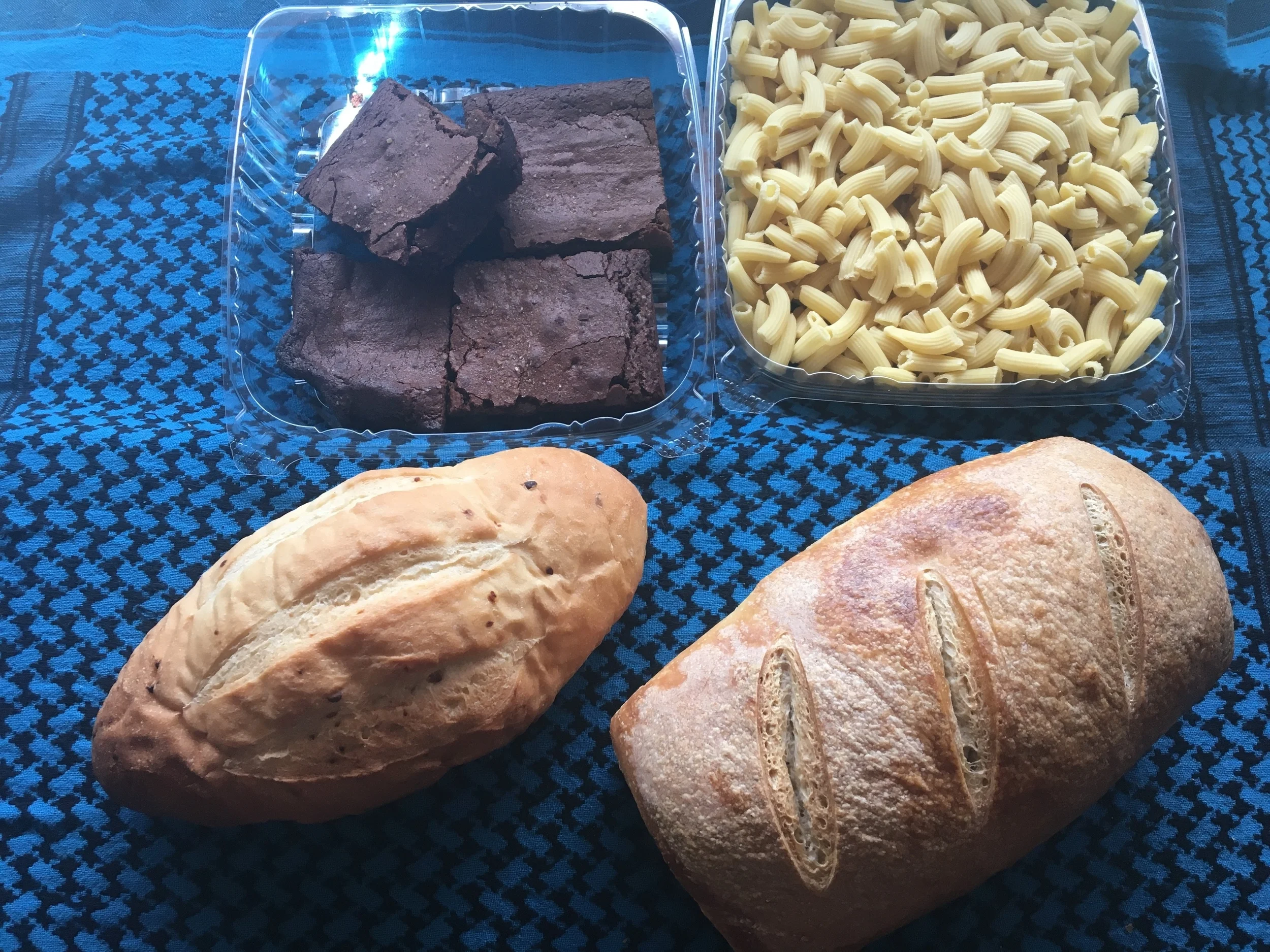 Small Bread share~ Sourdough loaf, garlic rosemary batard, penne pasta, and fudge brownies.