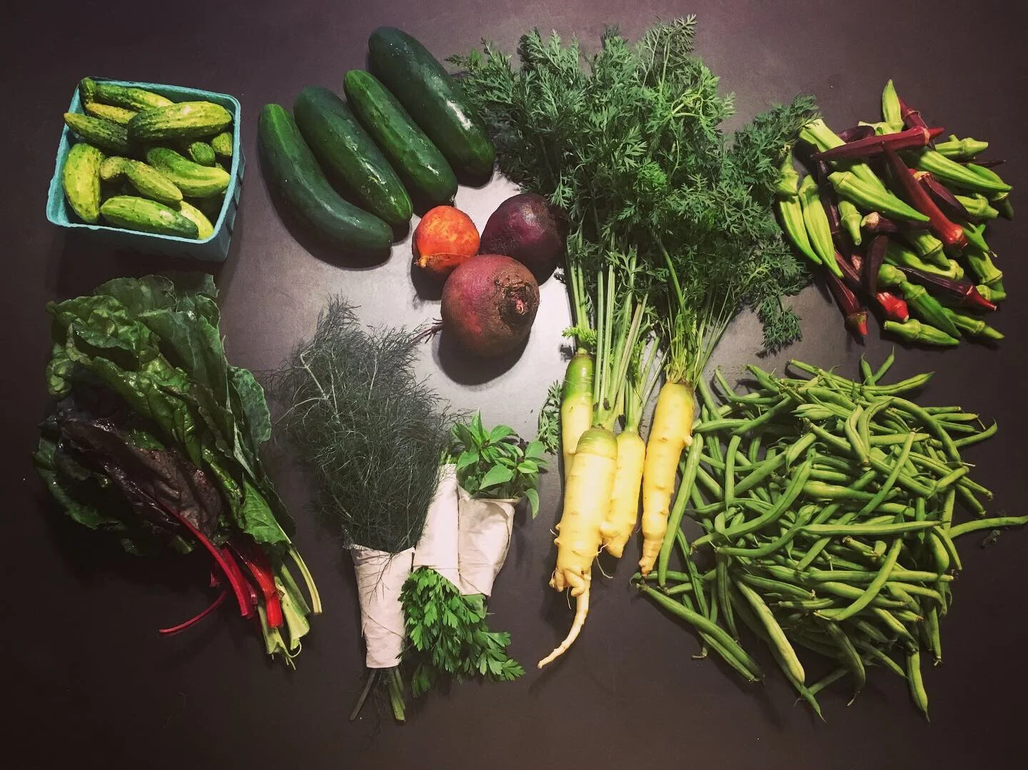 Small share: Pickling and slicing cucumbers, beets, carrots, okra, mixed greens, various herbs, and green beans.