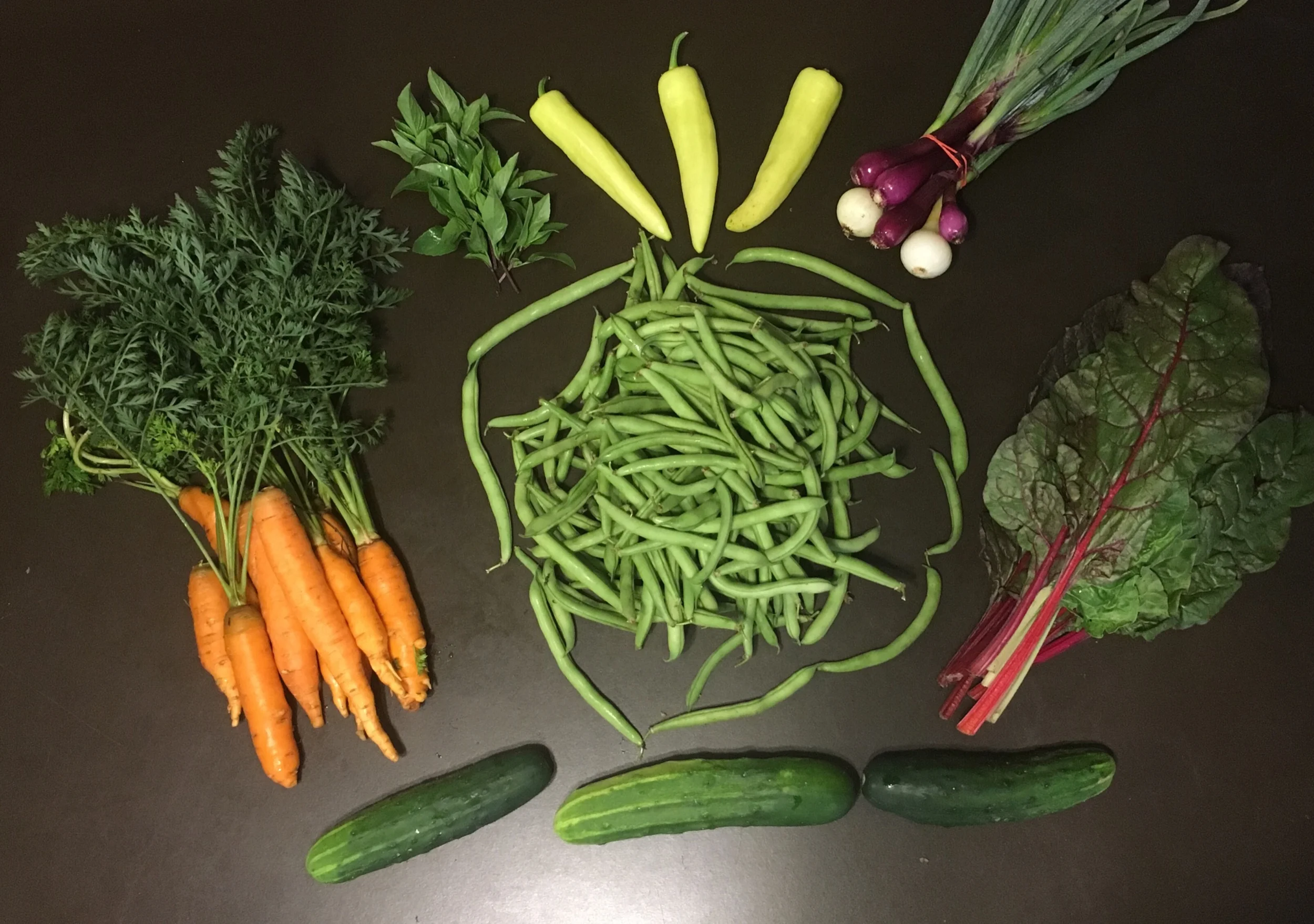 Carrots, slicing cucumbers, green beans, thai basil, banana peppers, sPring onions, swiss chard