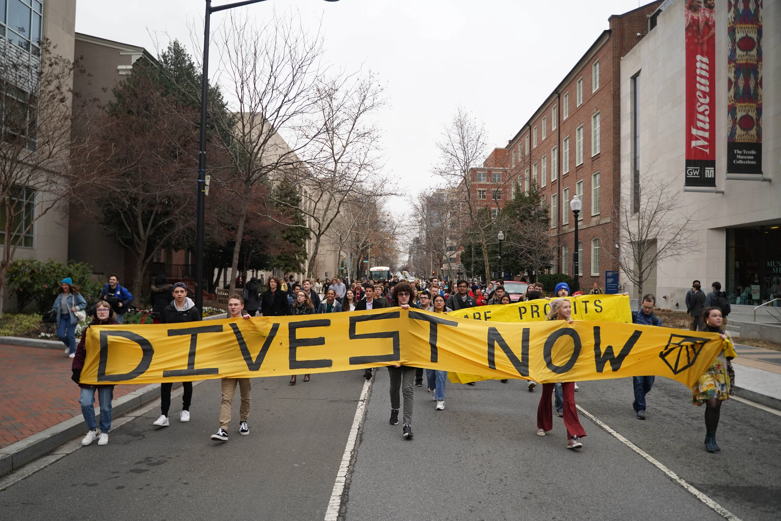 Sunrise GW protesters walk down 21st street and disrupt traffic during their protest on February 5, 2020.