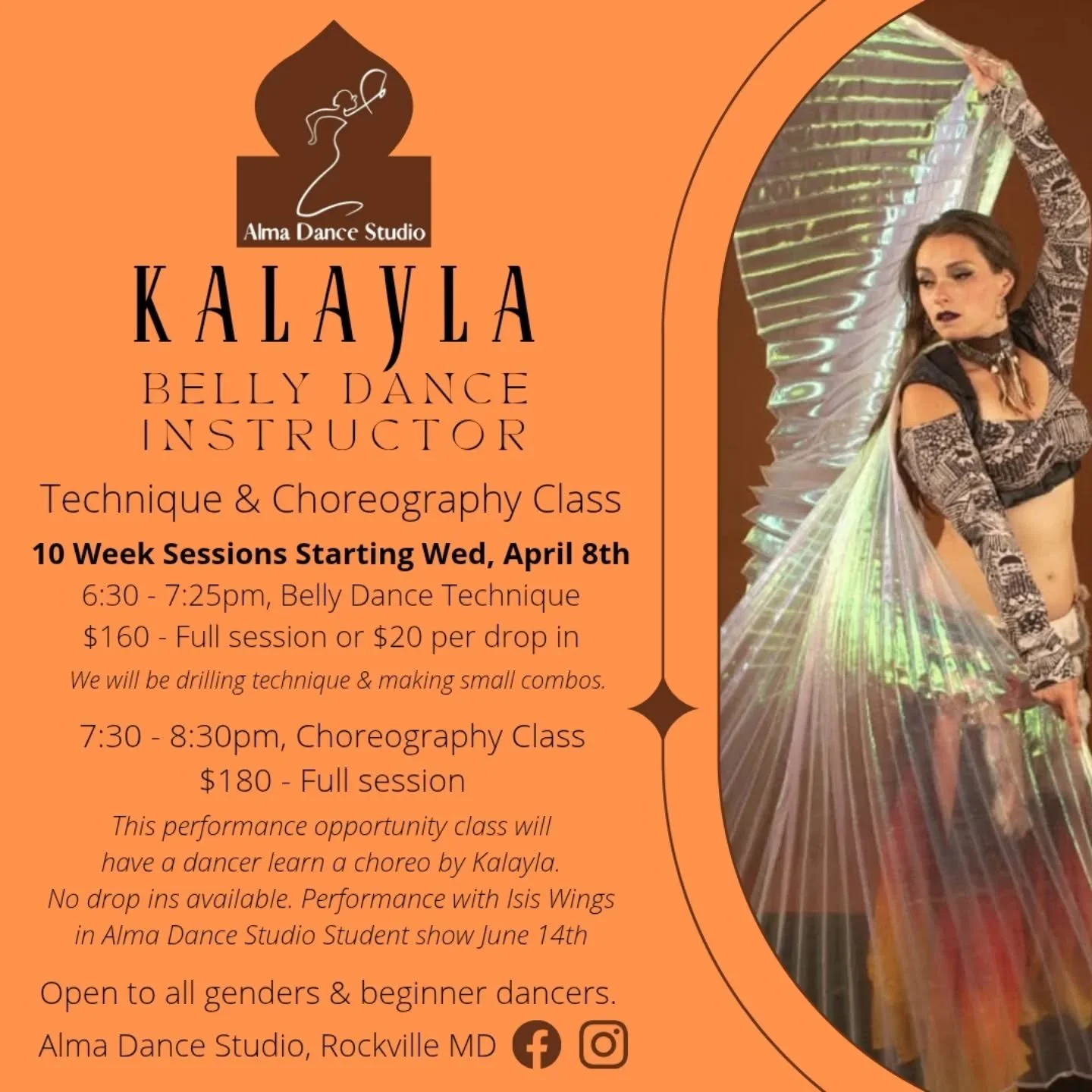 I'm pleased to announce the next sessions are open!
Technique Class: 6:30-7:25pm
We will be drilling and making small combos to strengthen our technique. -$160 for 10 weeks or $20 per drop in
Choreo Class: 7:30-8:00pm
Isis Wings will be our prop and 