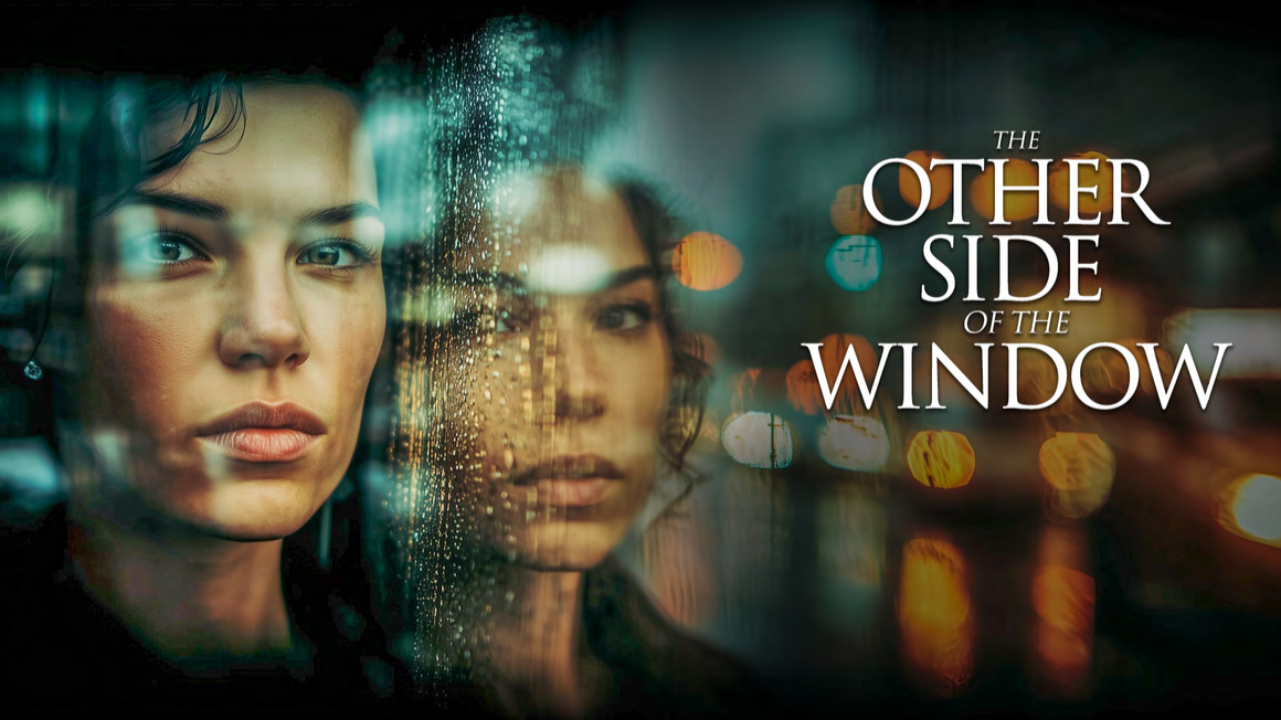 A woman looks through a rain-streaked window at night, with blurred city lights in the background, and the title "The Other Side of the Window" overlaid on the right side.