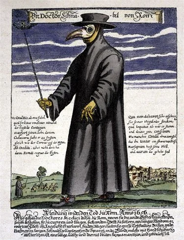 If the plague didn't kill you, the sight of its terrifying doctors surely would have. See the doctor in background, beating off the sick, just like Hippocrates said?