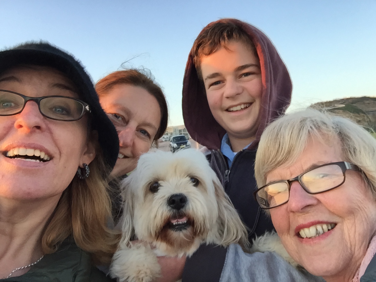 Back in Newcastle on the Anzac Bridge with Aunty Jacq, Callan and Charlie the grinning mutt.