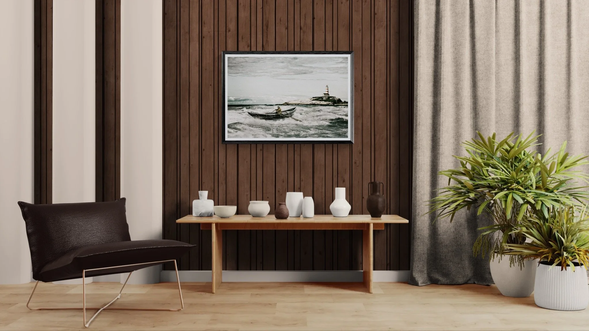 Living room with a leather chair and ceramic vases.jpeg